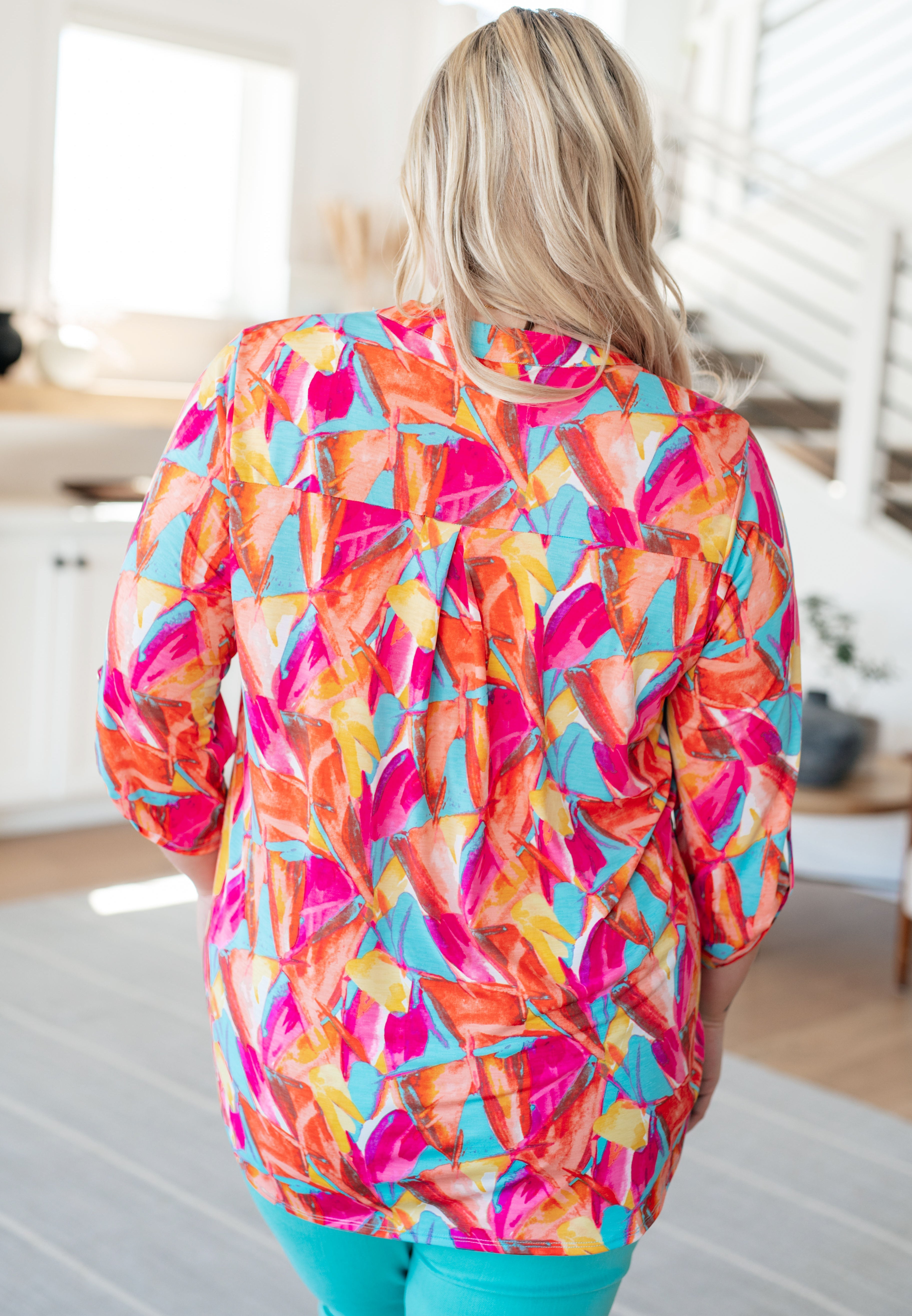 Lizzy Women's Teal & Hot Pink Abstract Fan Print Top - Stylish Casual Blouse for Summer Outings, Beach Vacations & Date Nights