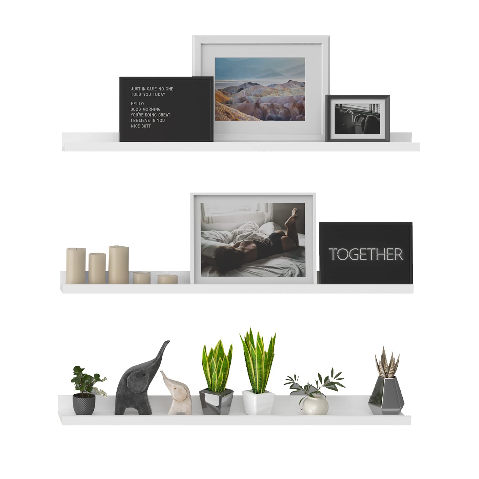 36 Inch Floating Shelves Set of 3 - White Wall Mounted Picture Ledge Shelf for Bedroom, Living Room, Bathroom, Kitchen & Nursery - Perfect for Displaying Photos, Books, Plants and Home Decor
