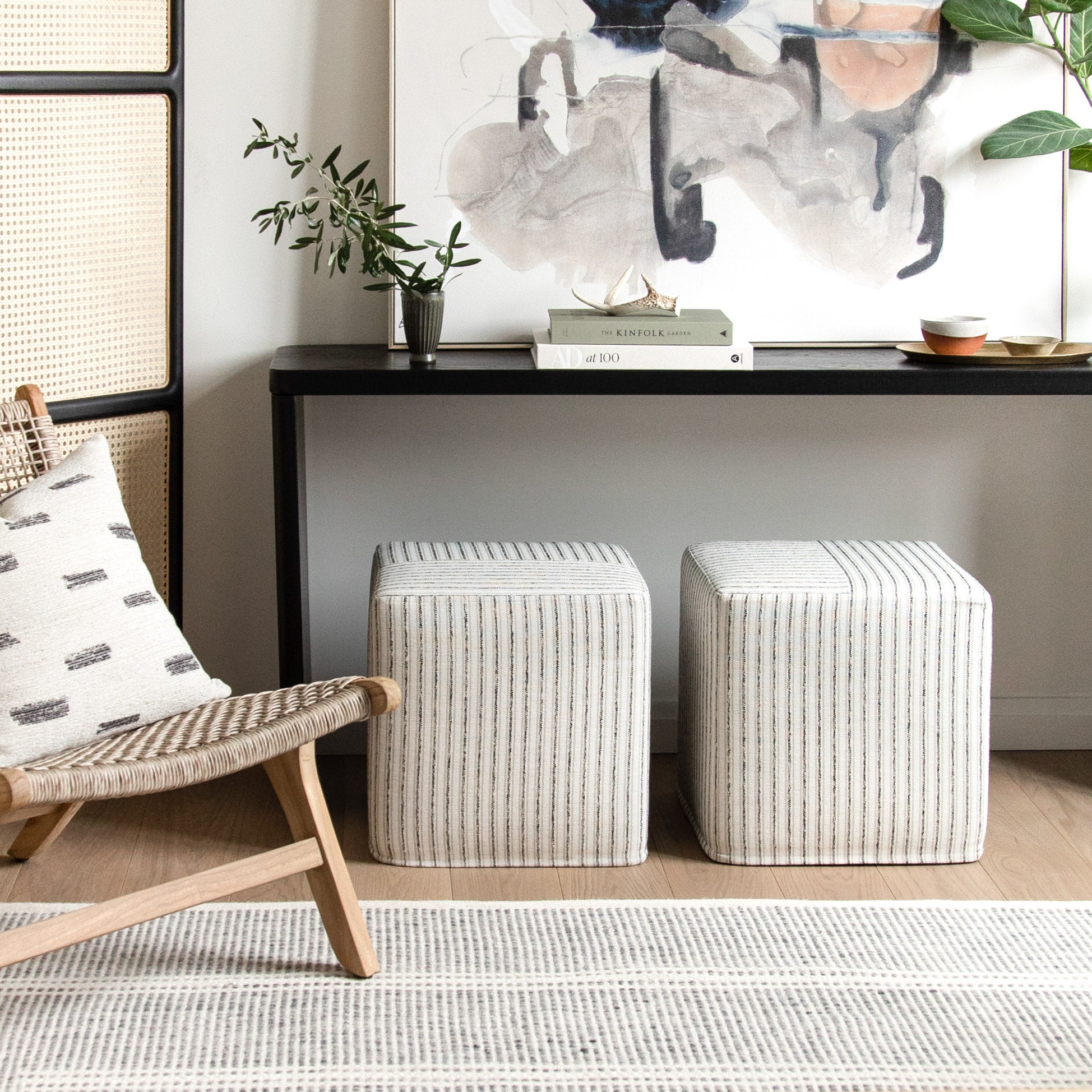 Rodin Stripe 16x16 Cube Ottoman - Natural Cotton Fabric Square Footrest Pouf for Living Room, Bedroom, and Nursery - Perfect for Extra Seating and Stylish Home Decor