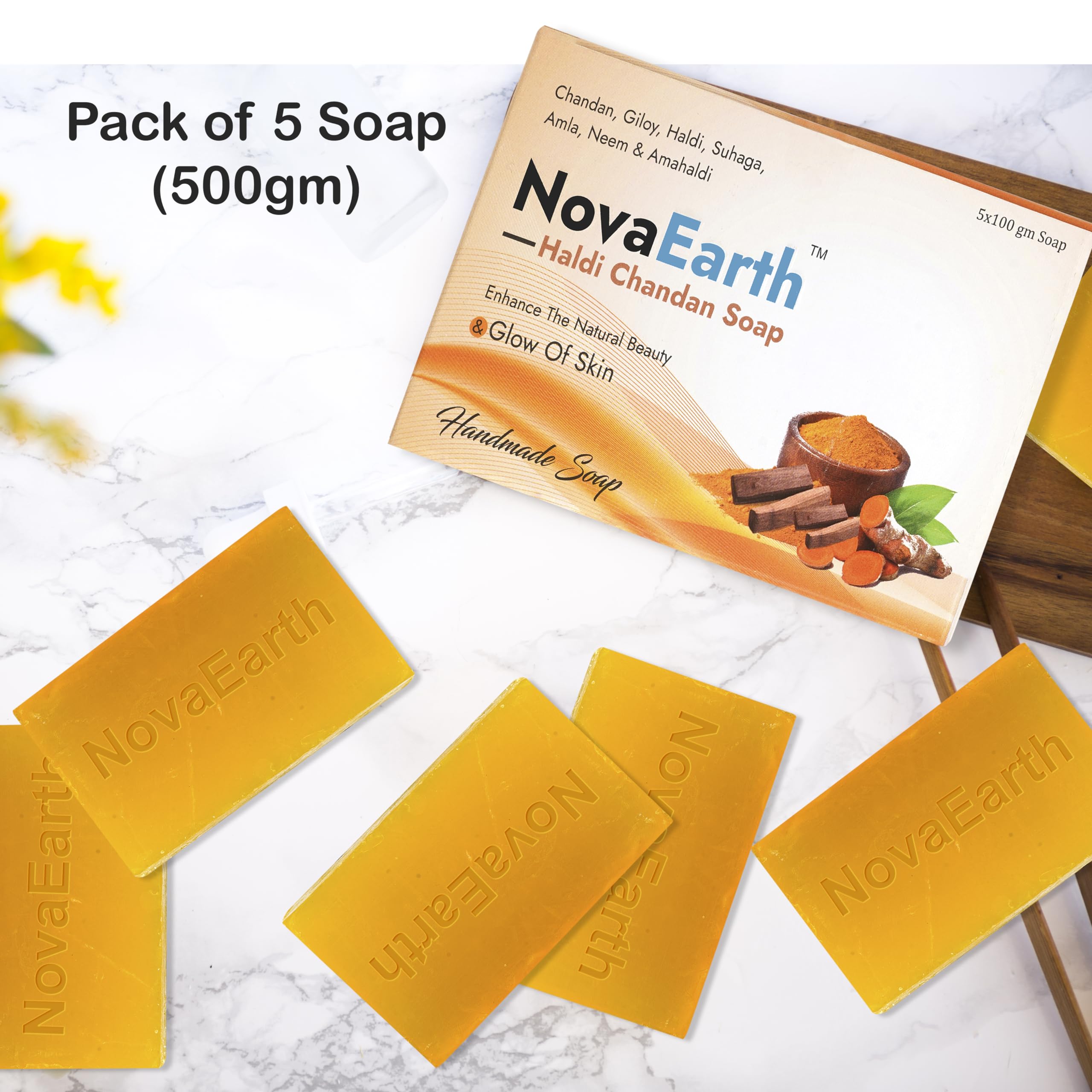 NovaEarth Haldi Chandan Ayurvedic Bathing Soap - Glycerin Base with Giloy, Suhaga, Amla, Neem & Amahaldi | Handmade Herbal Soap for All Skin Types | Anti-Aging, Moisturizing & Cleansing | 5-Pack (100g Each, Total 500g) | Perfect for Daily Skincare & Ayurvedic Wellness Routine