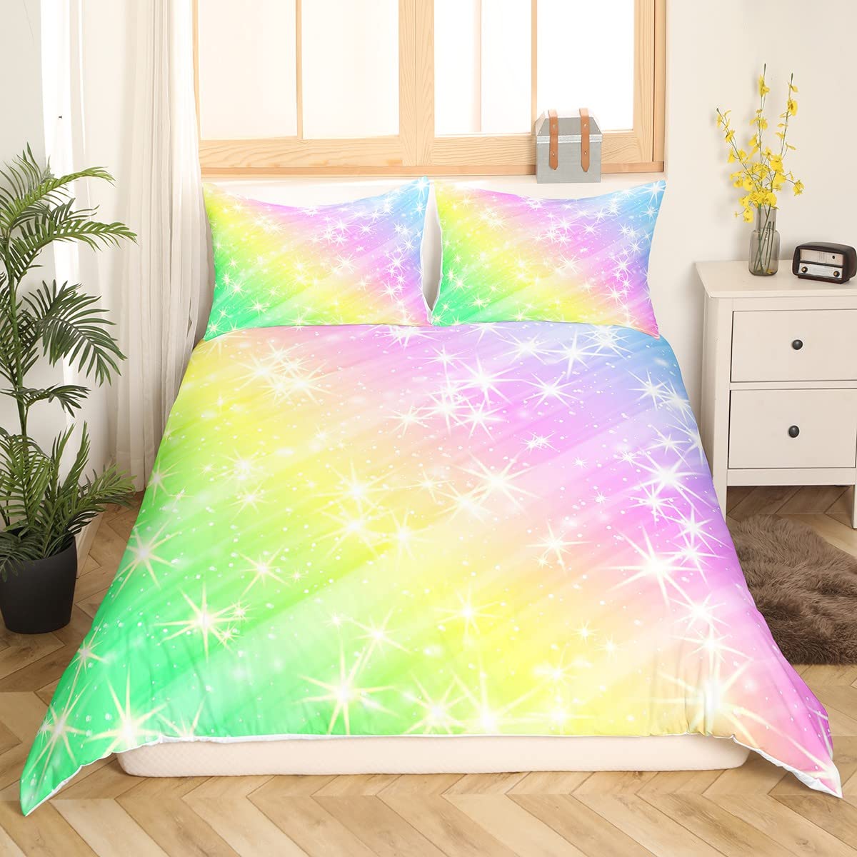 **Rainbow Duvet Cover Set for Girls - 2-Piece Pastel Twin Bedding with Glowing Glitter Stars, Yellow Green Blue Pink Galaxy Comforter Cover - Perfect for Dreamy Girly Bedroom Decor & Kids' Room Makeover**