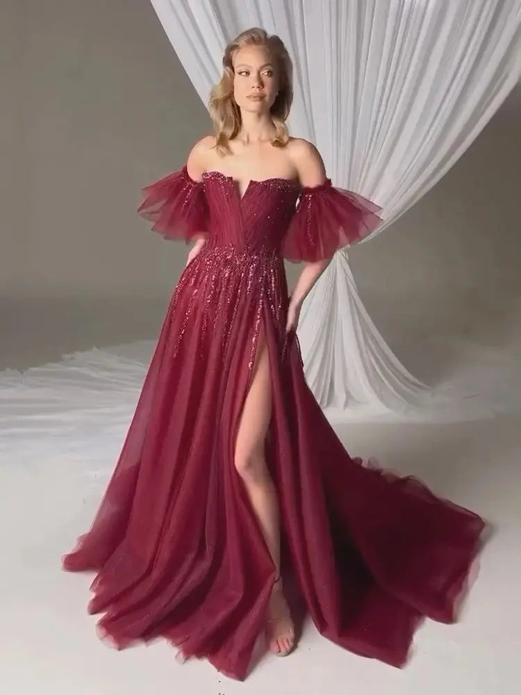 Elegant Wine Red A-Line High Slit Evening Gown with Detachable Short Sleeves - Formal Dress for Prom, Gala, Cocktail Party & Special Occasions - LA72938
