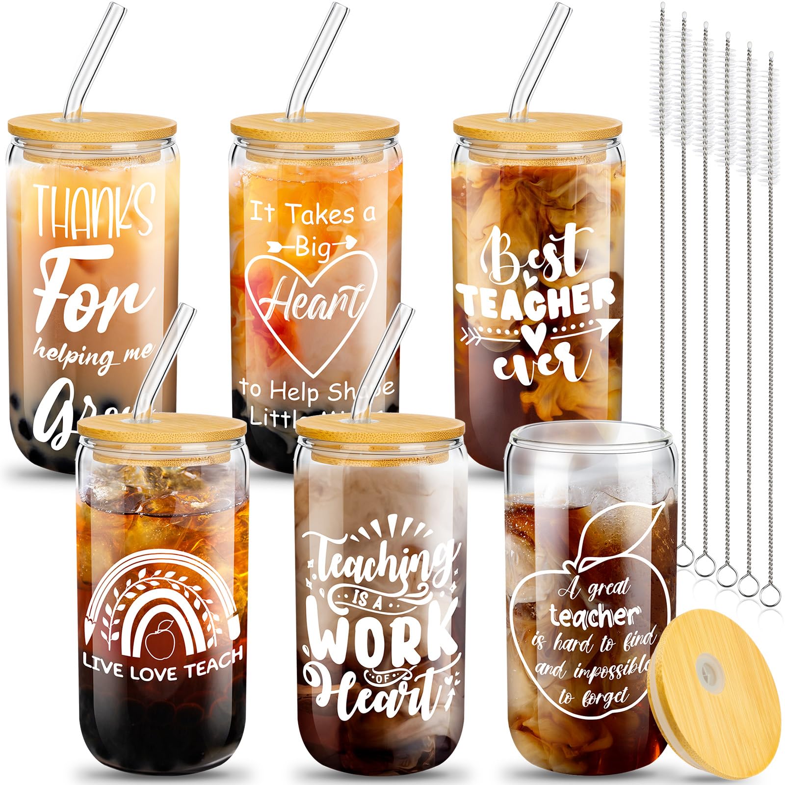 Pinkunn 6-Piece Teacher Gift Set - 16oz Glass Cups with Lids & Straws for Classroom, Appreciation Week