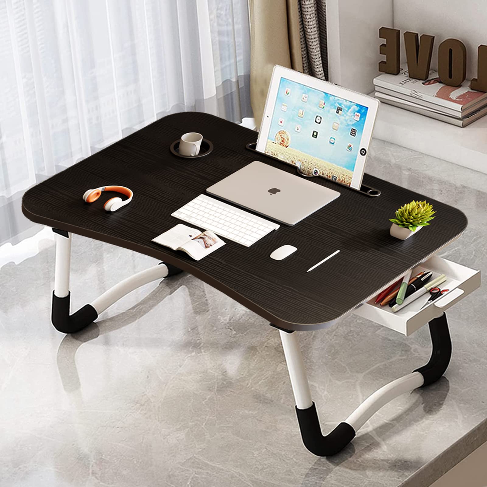 EAQ Foldable Laptop Bed Tray Table with Cup Holder, Storage Drawer & Bookshelf - Portable Work Desk for Bed, Couch or Sofa - Perfect for Working, Reading, Eating or Watching Movies in Bed (Black)