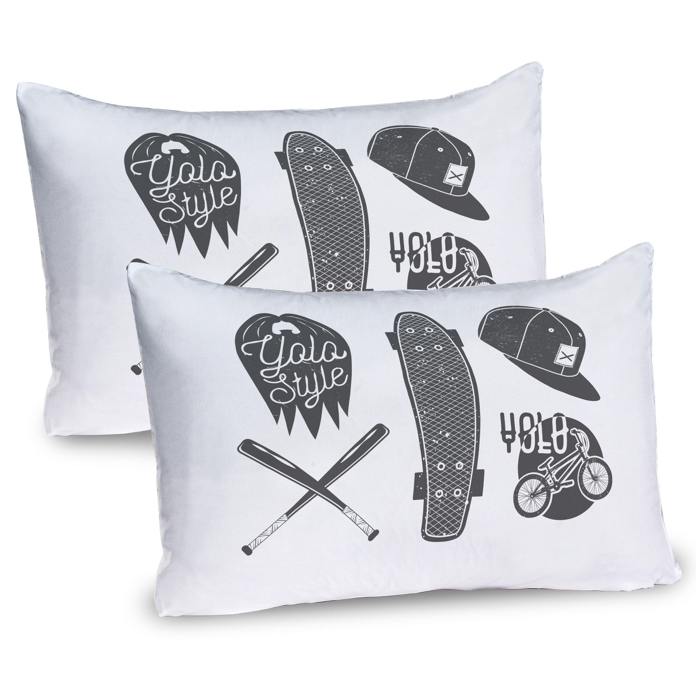 Ambesonne YOLO 2-Pack Pillow Sham Set - Baseball Bat, Skateboard & Bicycle Silhouette Sports Design - Soft Microfiber Bedding for All Seasons - 26