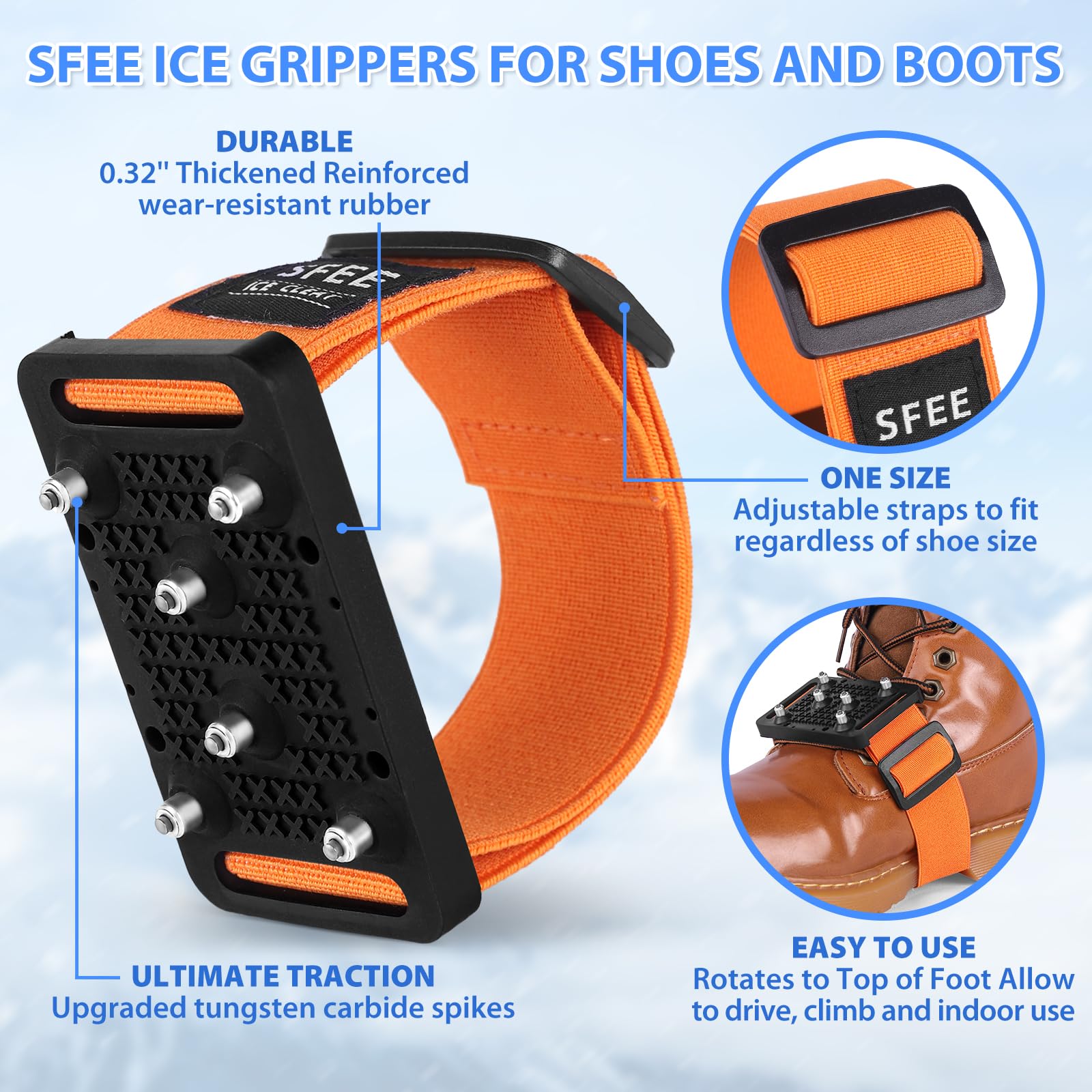Sfee Ice Cleats Crampons with Tungsten Studs - Non-Slip Shoe Spikes for Boots & Shoes - Winter Traction for Hiking, Running & Snowy Conditions