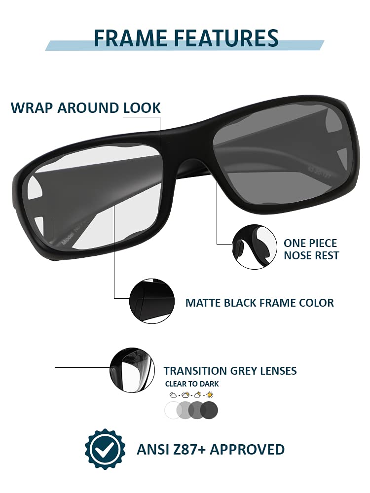 Photochromic Safety Glasses with Transition Lenses P820 - UV Protection Adjustable Eyewear for Outdoor Work & Sports