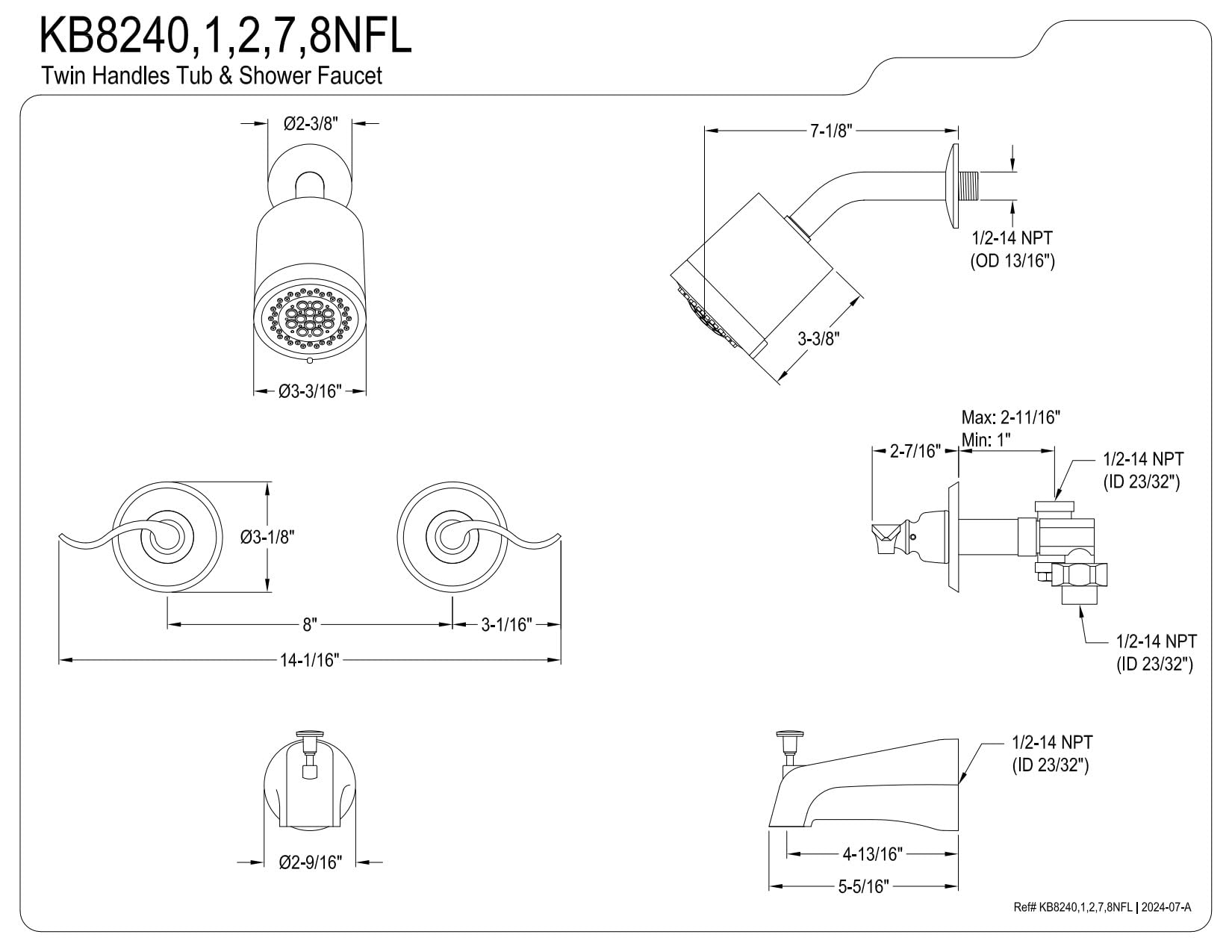 Kingston Brass KB8248NFL Brushed Nickel French Tub and Shower Faucet with 2 Nuwave Handles - Perfect for Bathroom Renovation and Luxury Spa Experience