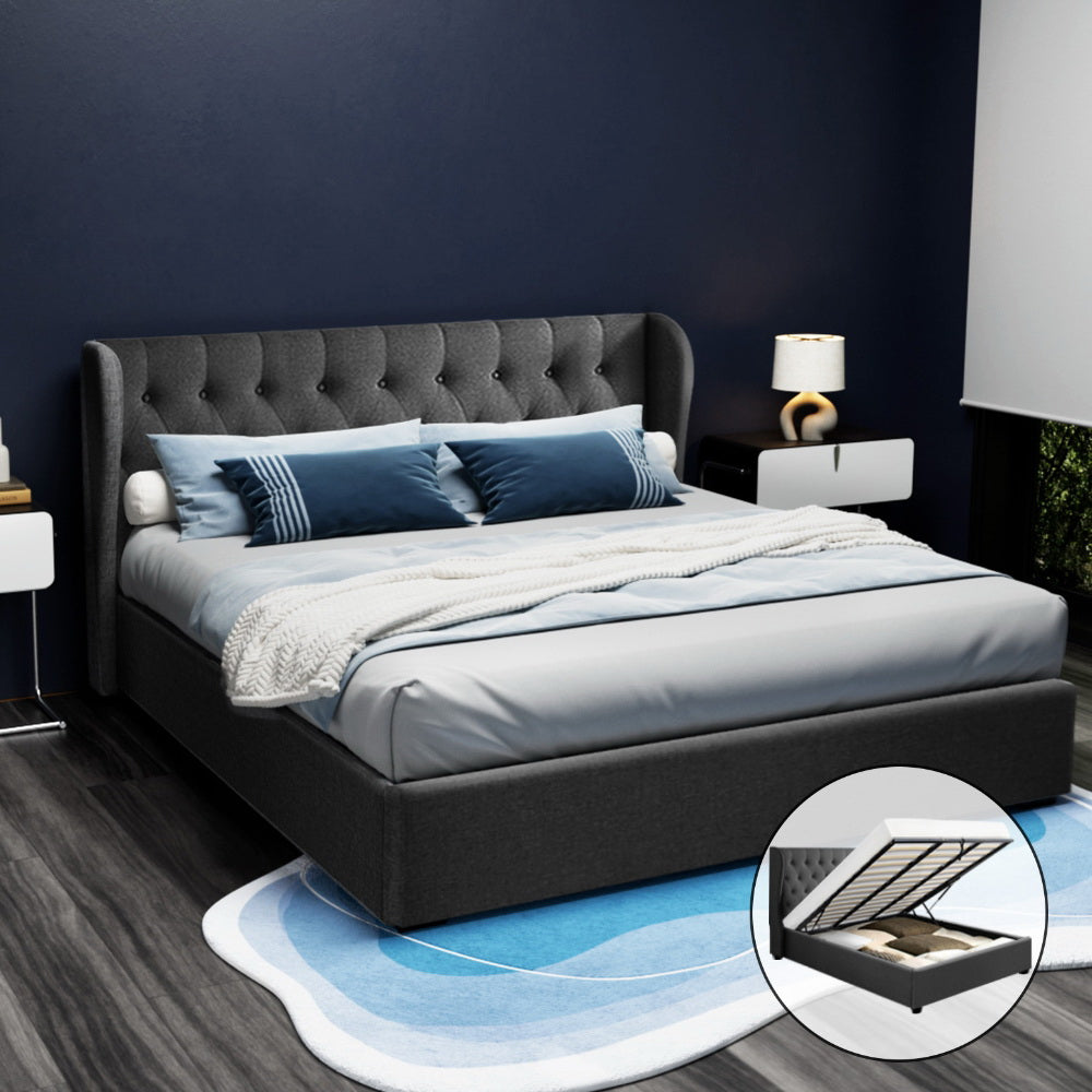 Elouera King Size Bed Frame with Gas Lift Storage - Charcoal Black - Perfect for Modern Bedrooms & Small Spaces