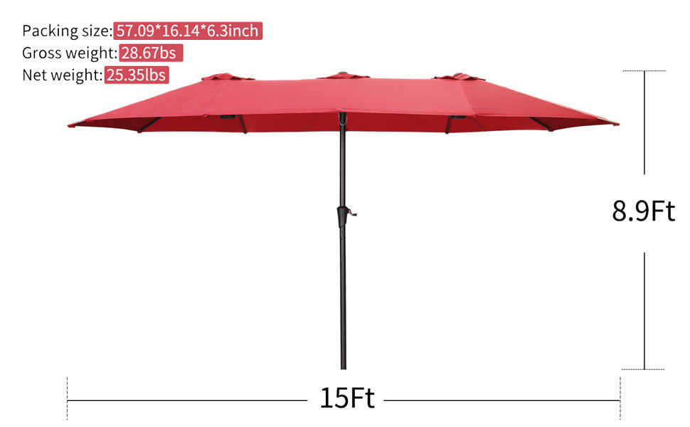 15Ft Double Sided Outdoor Patio Umbrella with Crank - Heavy Duty Market Umbrella for Poolside, Restaurant, Beach & Backyard (Base Not Included)