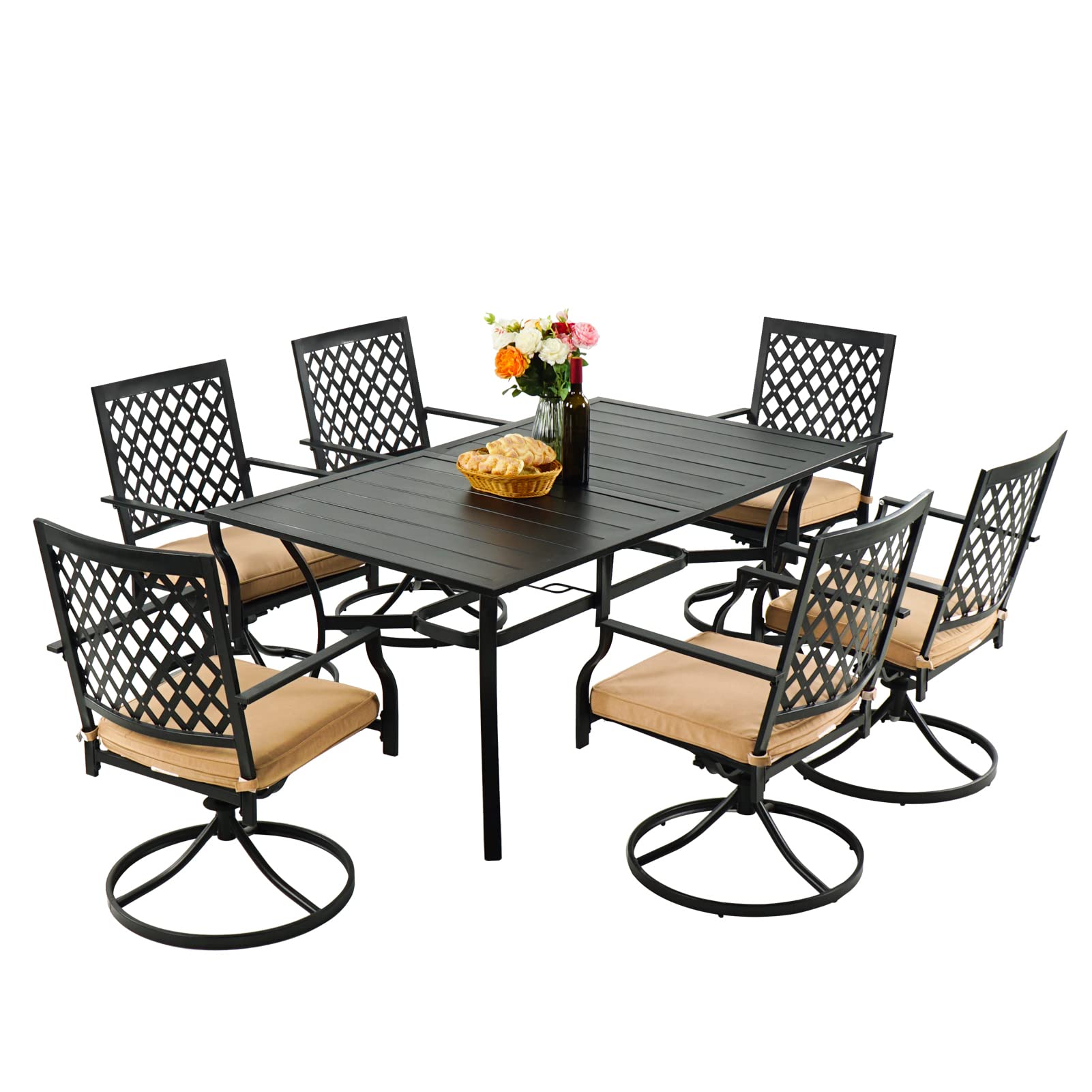 7-Piece Outdoor Patio Dining Set - 6 Swivel Chairs & 1 Rectangle Table - Weather-Resistant Garden, Poolside, Backyard Furniture for Al Fresco Dining & Entertaining