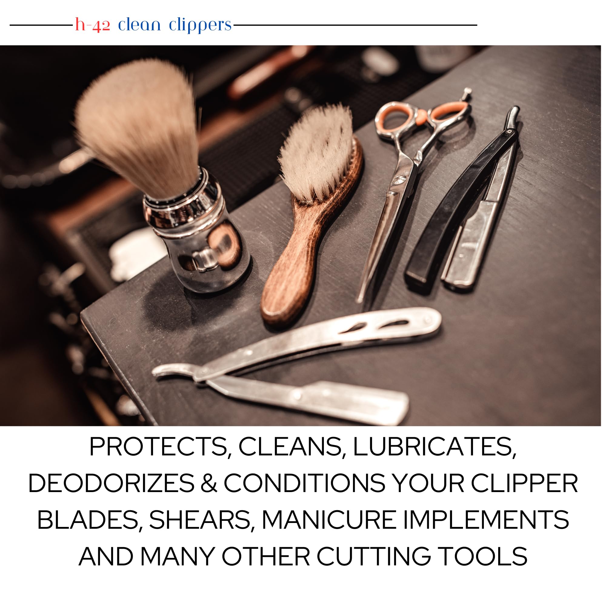 H-42 Professional Hair Clipper Blade Cleaner with Brush - 8oz Bottle for Barber Shops & Home Grooming - Disinfects & Lubricates Clipper Blades for Smooth Haircuts
