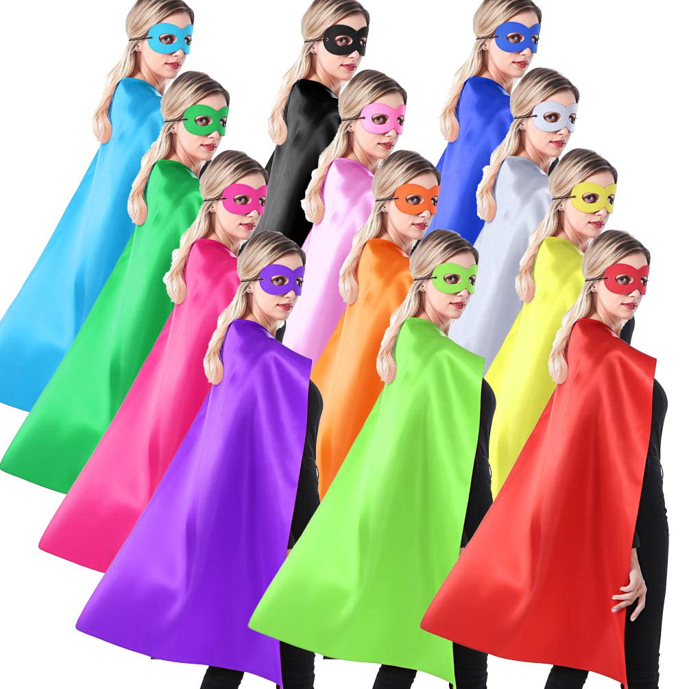 Superhero Capes & Masks Set for Kids & Adults - 12 Mixed Colors for Team Parties
