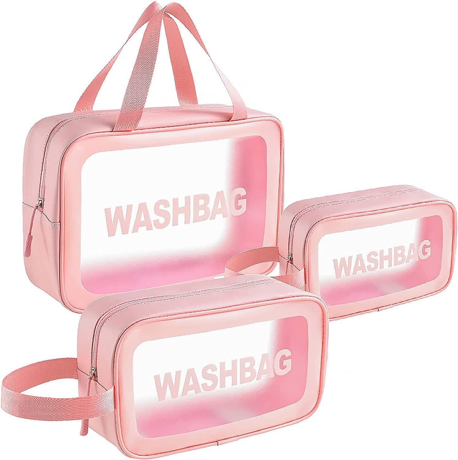 JHEPCOIN 3-Piece Clear Travel Toiletry Bags Set - Waterproof PVC Cosmetic Organizer for Women, Transparent Carry-On Pouch for Shampoo, Makeup & Essentials (Pink) - Perfect for Air Travel, Gym & Weekend Getaways