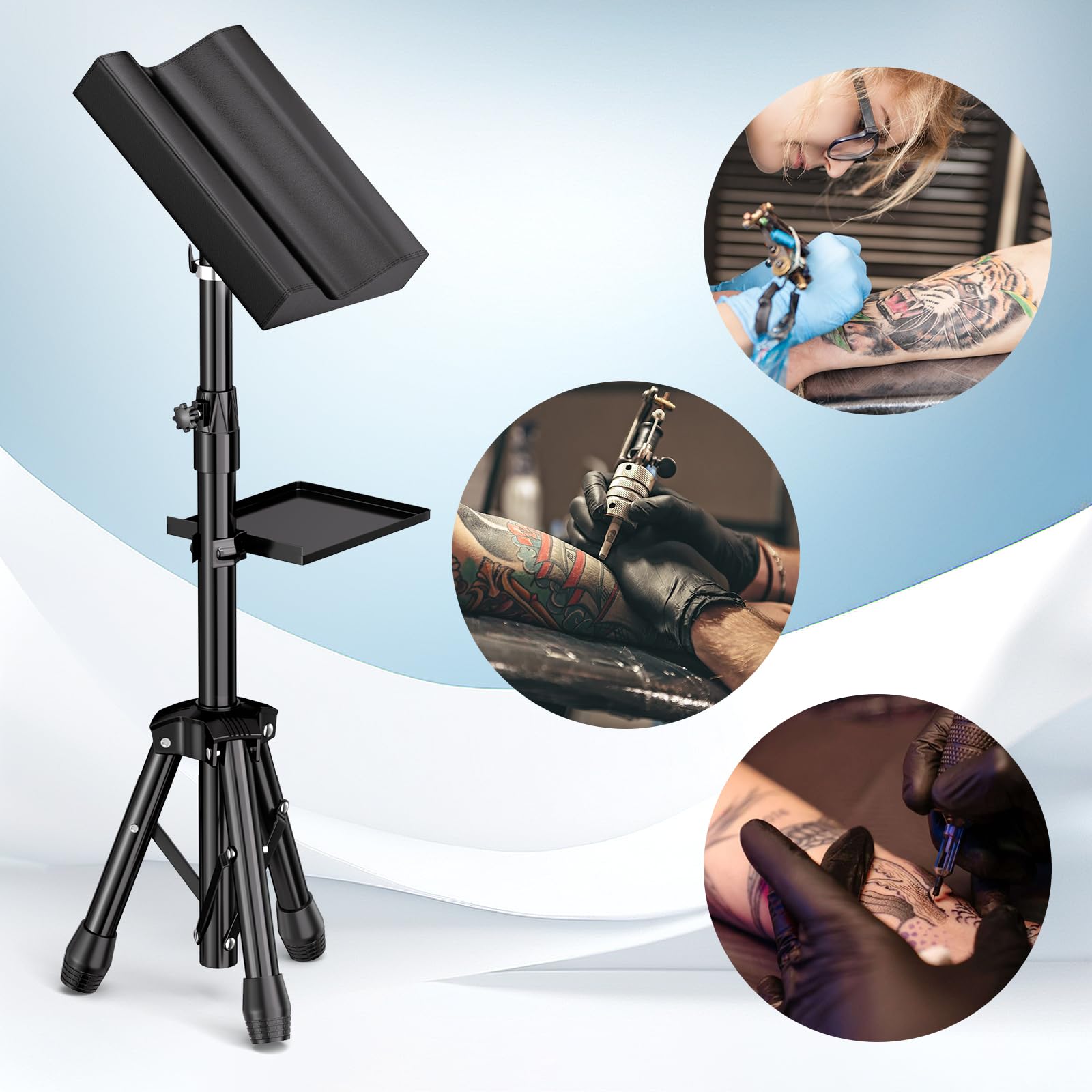 Adjustable Armrest Stand with Tray - 180° Rotating Tripod Leg Rest for Tattoo Chairs | Perfect for Tattoo Studios, Massage Parlors & Home Office Comfort