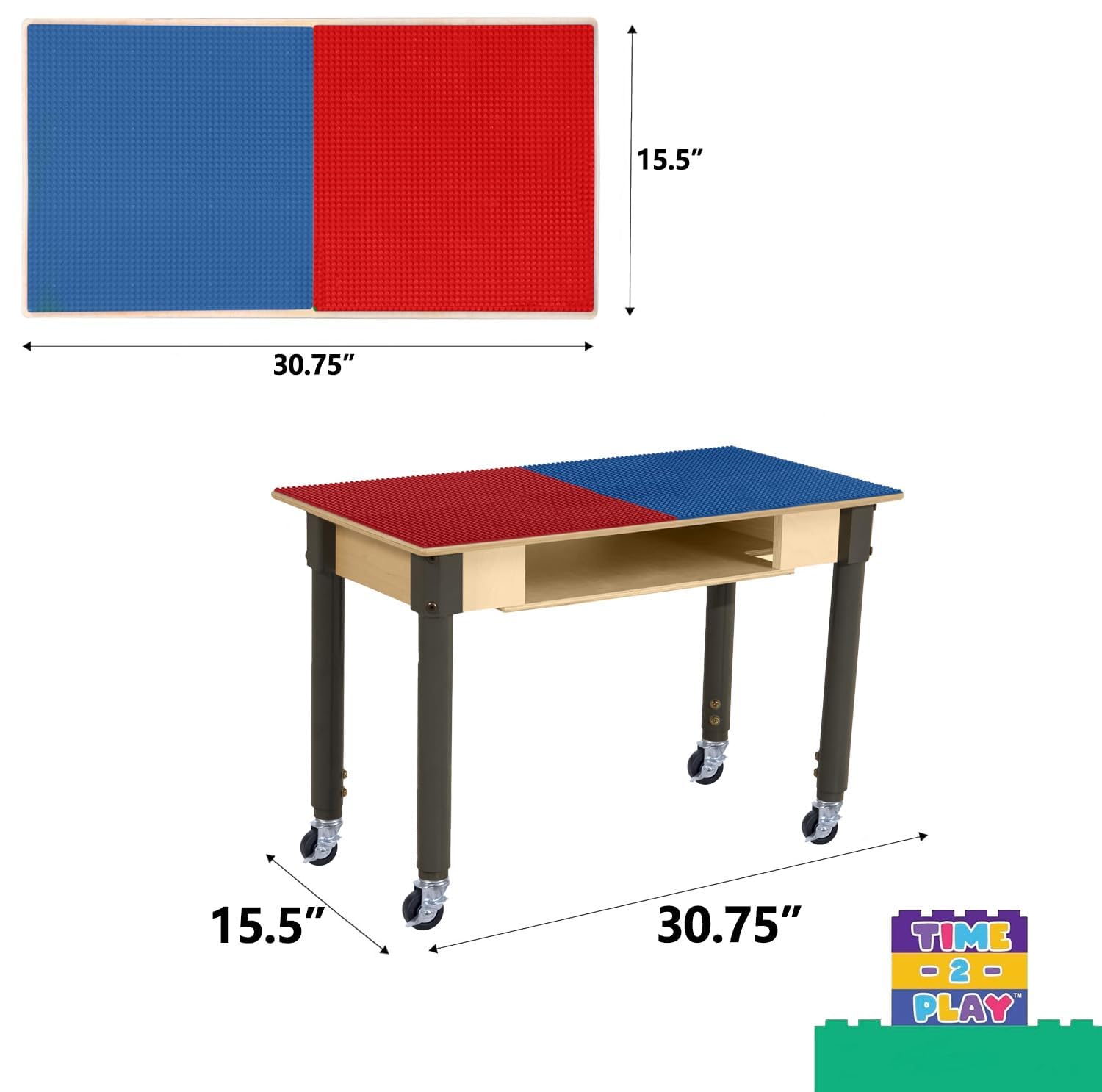 Montessori Play Table for Kids - Adjustable Height (18”-29”), Lego Compatible Building Blocks Table with Built-in Storage & Wheels, Rectangular Birch Plywood Design in Red & Blue - Perfect for Preschool Learning, Daycare Centers & Home Playrooms