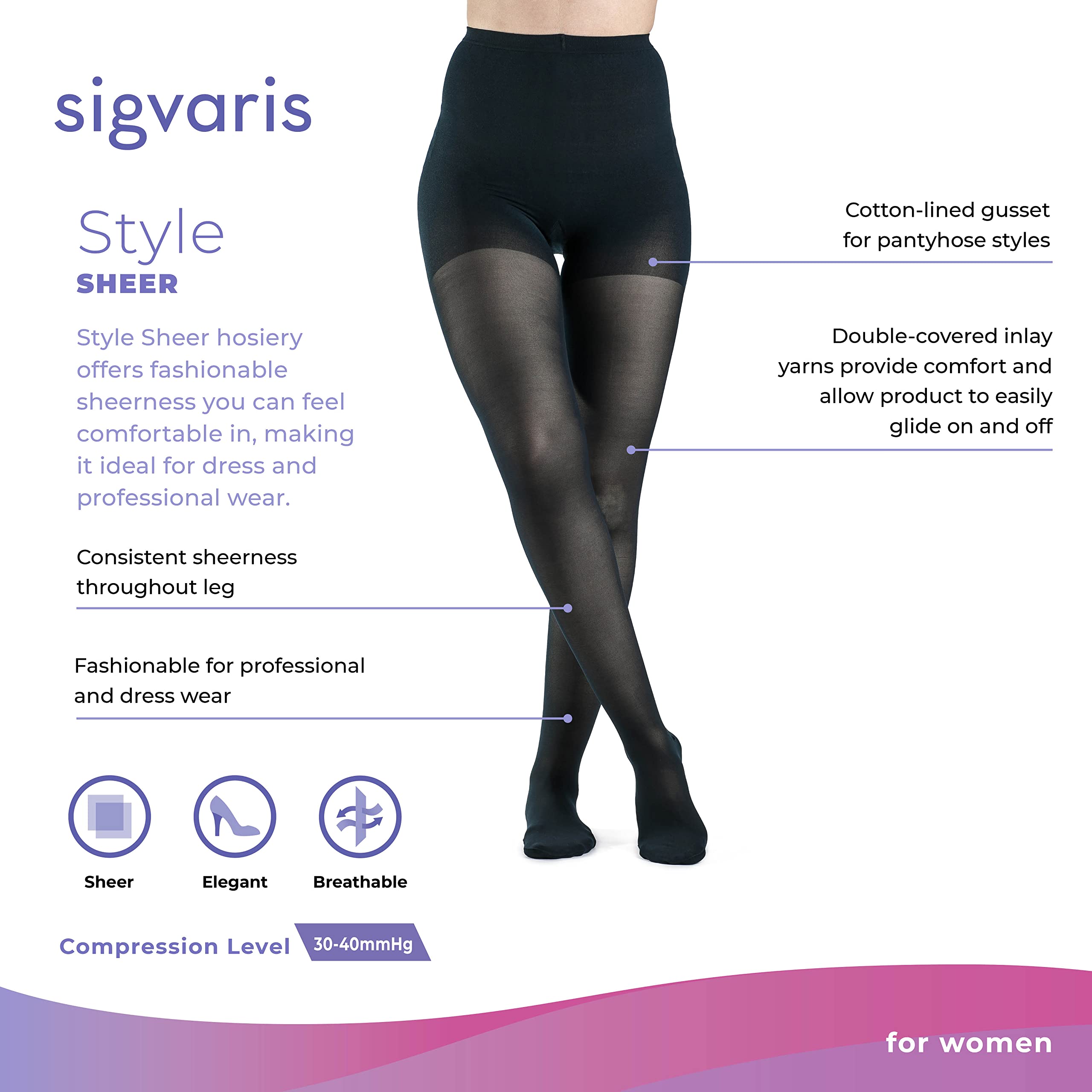 SIGVARIS Women's Style Sheer 780 Closed Toe Pantyhose 30-40mmHg Compression Stockings - Dark Navy - Medium Long - Perfect for Travel, Work & Varicose Vein Relief