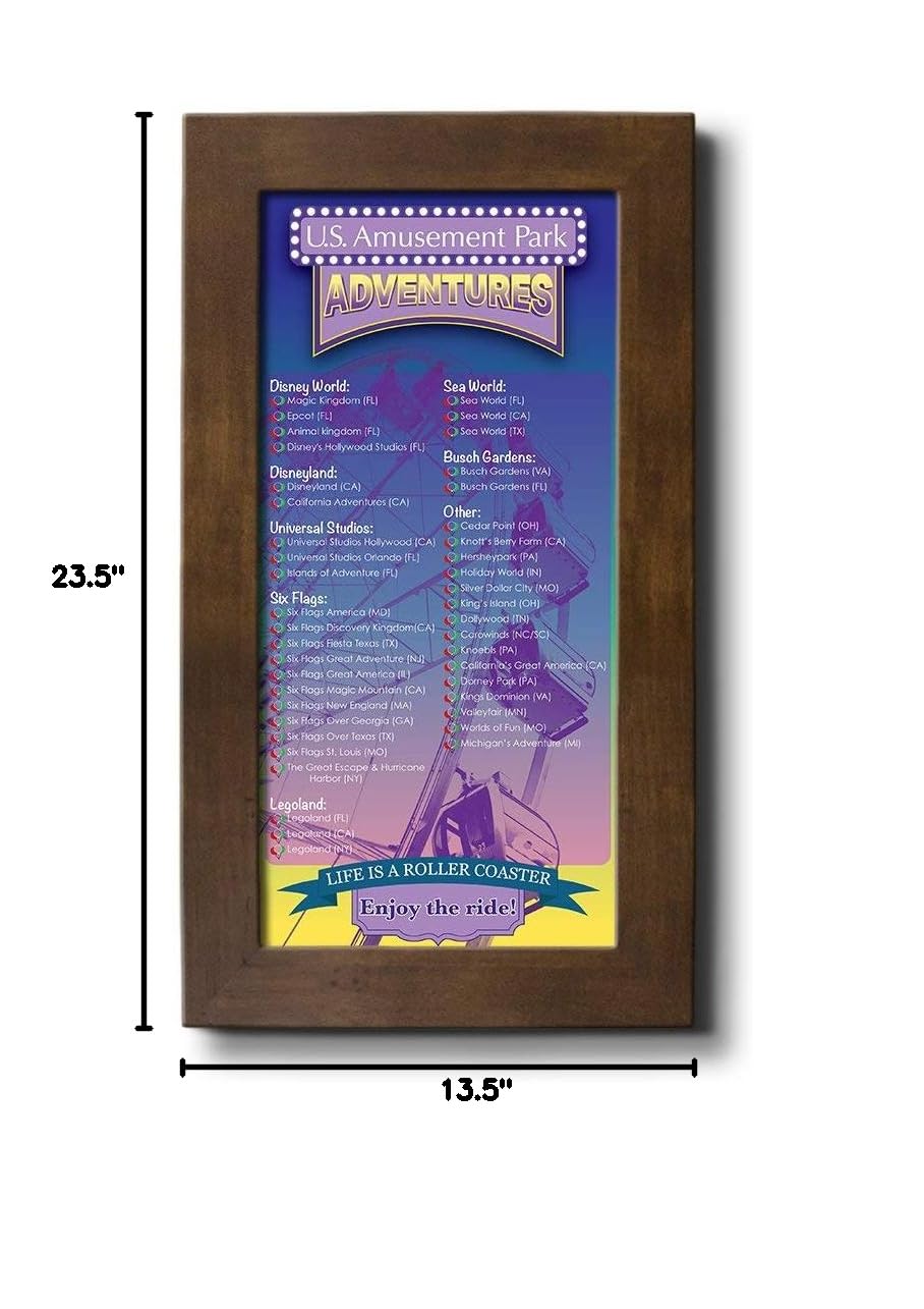 Amusement Parks Bucket List Tracker - Rustic Brown Wood Frame - 13.5x23.5 Inch Theme Park Travel Map - Canvas Wall Art for Home Decor & Travel Enthusiasts - Perfect for Living Room, Bedroom or Office