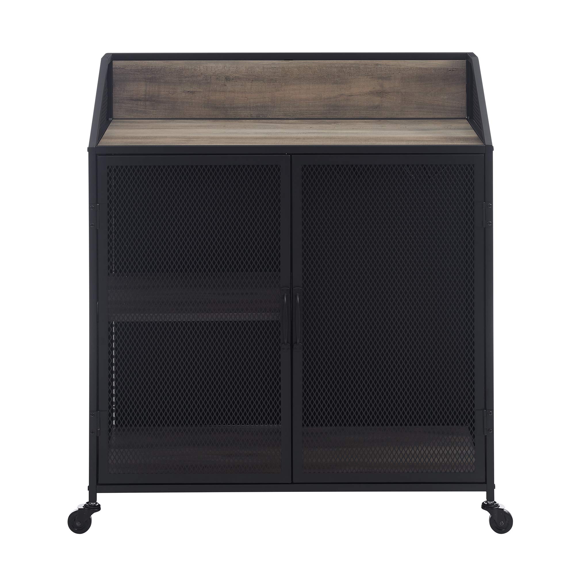 Walker Edison Malcomb Urban Industrial Metal Mesh Double Door Rolling Bar Cabinet, 33 Inch, Grey - Perfect for Home Bars, Kitchen Storage & Living Room Organization