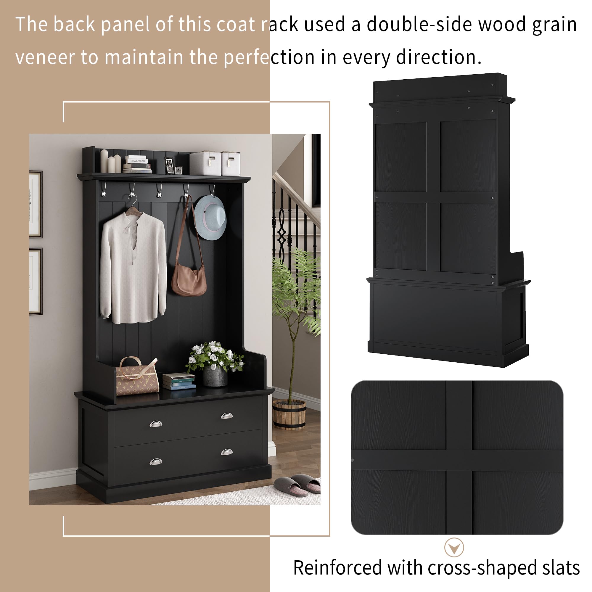 Polibi Hall Tree Storage Bench with 5 Metal Hooks & 2 Large Drawers - Entryway Coat Rack Organizer with Metal Handles, Black - Perfect for Mudroom, Foyer & Small Space Organization