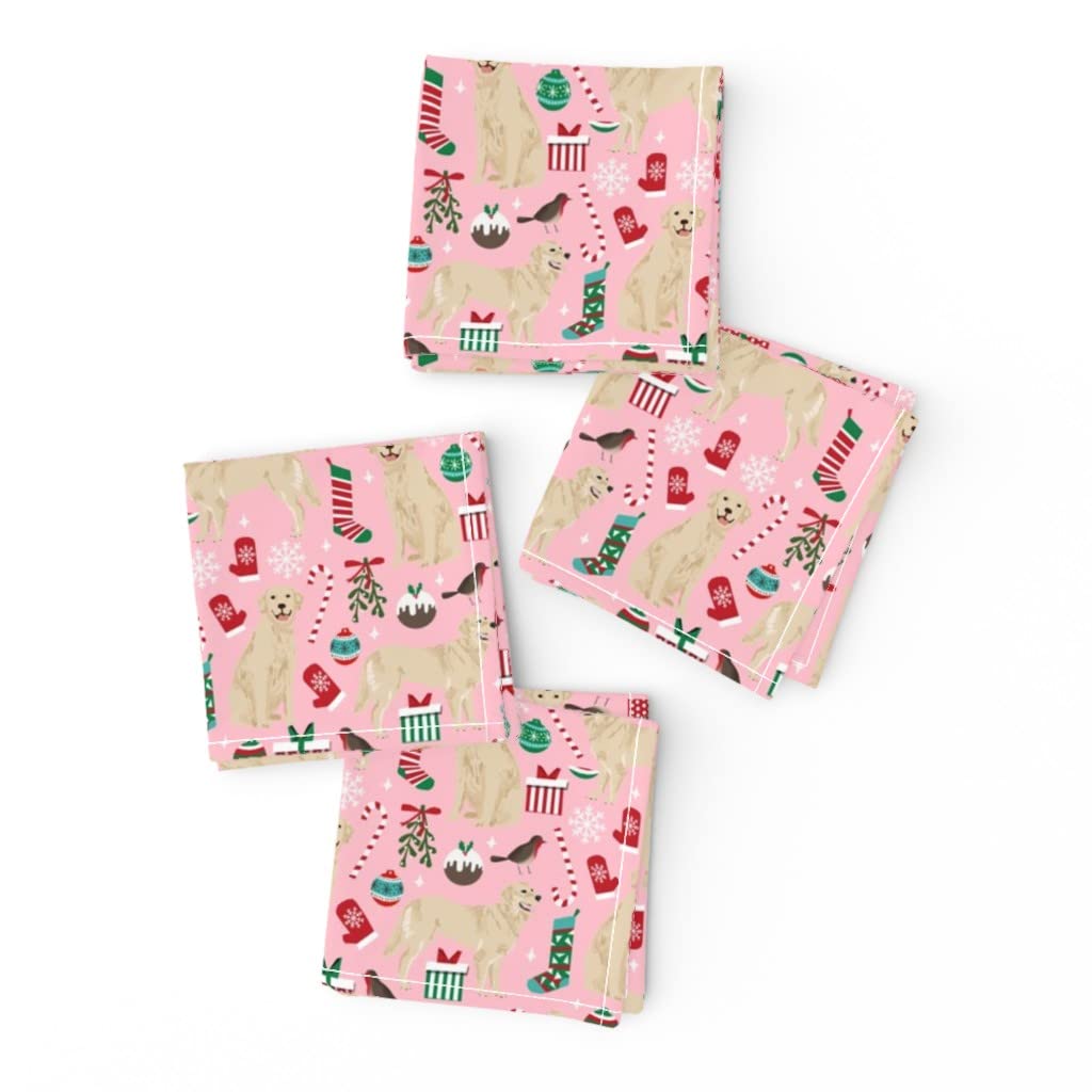 Golden Retriever Dog Christmas Cocktail Napkins Set of 4 - Cute Pink Holiday Candy Print Linen Cotton Canvas Drink Napkins for Parties, Weddings & Home Decor