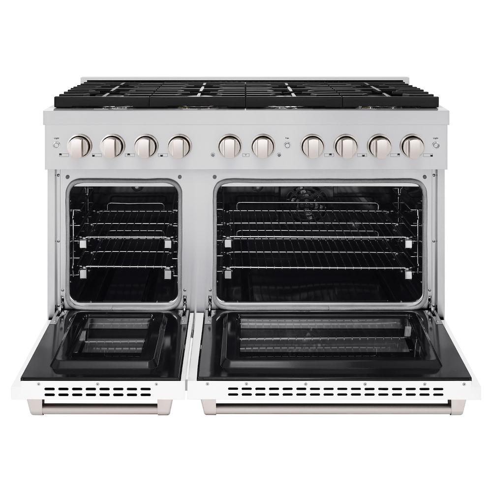 ZLINE 48-inch 6.7 cu. ft. Stainless Steel Dual Fuel Range with 8-Burner Gas Cooktop & White Matte Doors - Professional Double Oven for Home Kitchen Cooking, Baking & Entertaining (Model SDR WM 48)