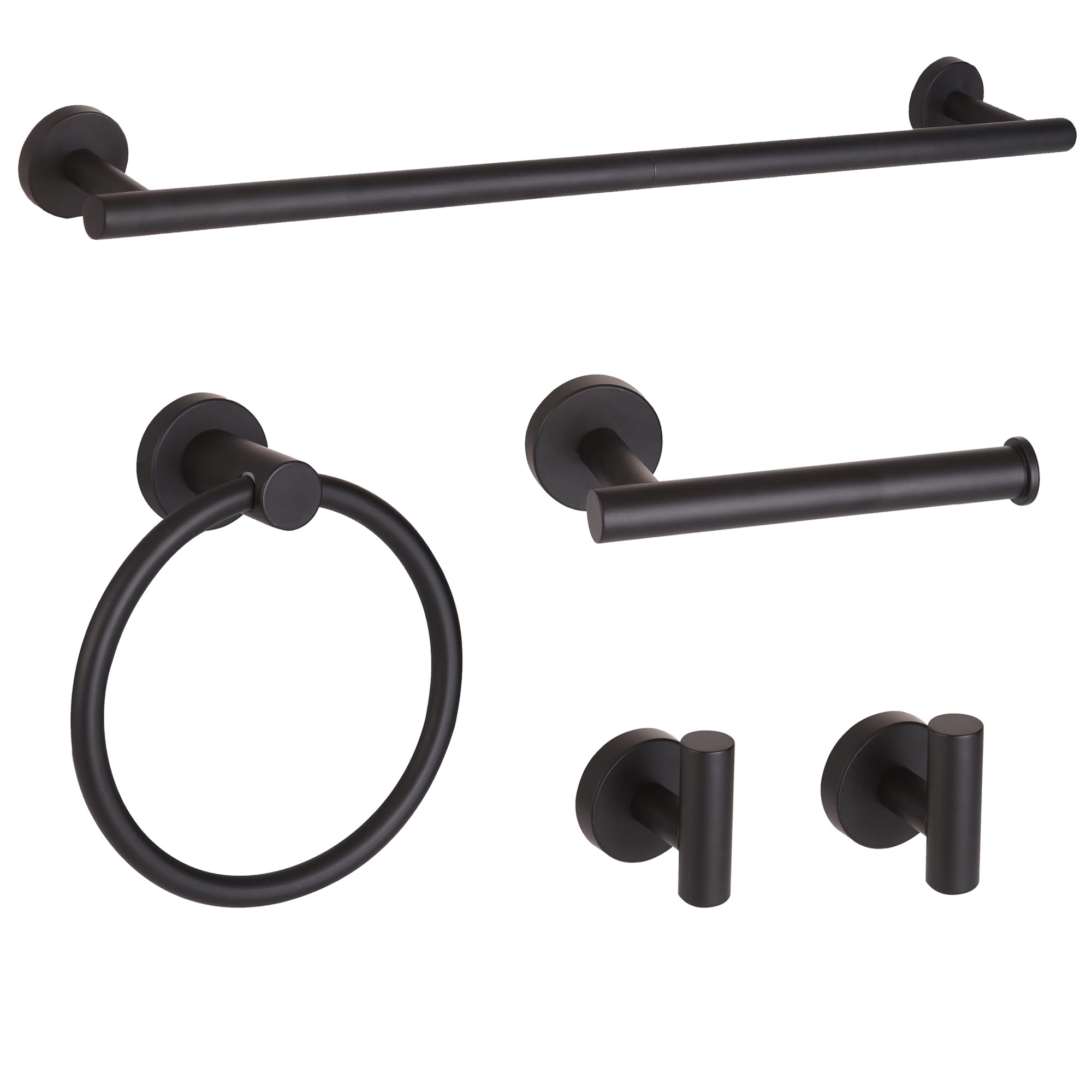 Premium Matte Black Bathroom Hardware Set - 5-Piece Stainless Steel Towel Bar (24 Inch), Toilet Paper Holder & Towel Ring Set - Modern Black Bathroom Accessories Kit for Home, Hotel & Spa Decor