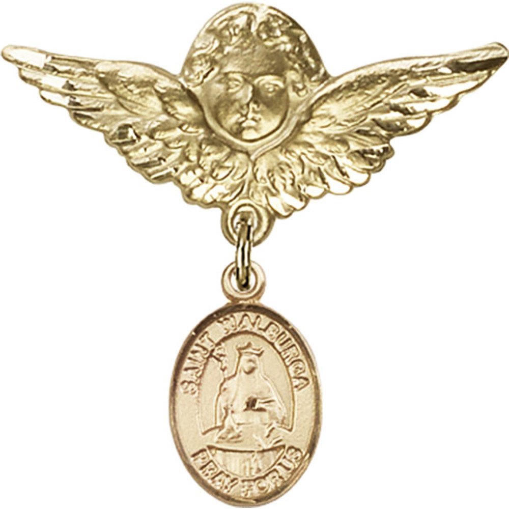 St. Walburga Gold Filled Baby Badge with Angel Wing Charm - 1 1/8 X 1 1/8 Inch Religious Pin for Christening, Baptism & First Communion Gifts