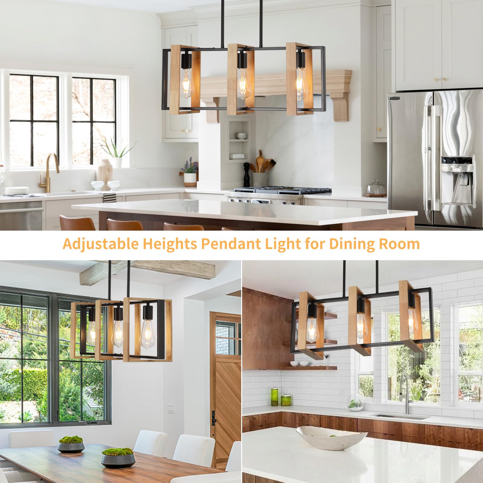 Farmhouse Kitchen Island Pendant Lights - Adjustable 3-Light Black Wood Hanging Fixtures for Modern and Rustic Kitchen Decor