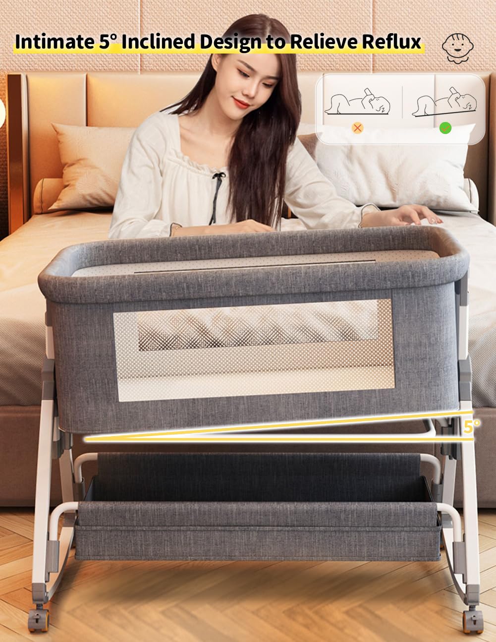 Bonbay 4-in-1 Portable Baby Bassinet with Wheels, Mosquito Net & Storage Basket - 6 Height Adjustable Bedside Sleeper for Newborns | Perfect for Nursery, Bedroom & Travel Use