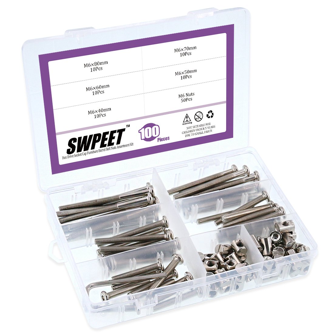 Swpeet 100Pcs M6 Crib Hardware Screws Kit with Allen Wrench - for Baby Beds & Furniture Assembly