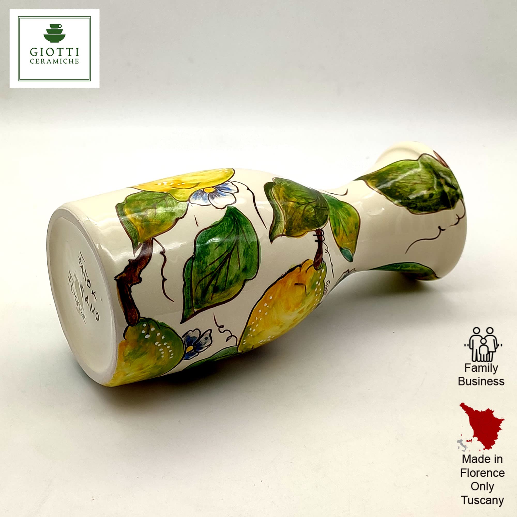 Italian Ceramic Wine Jug with Lemon Design - 16.9 oz Hand-Painted Kitchen Carafe & Utensil Holder - Authentic Tuscan Pottery from Italy - Elegant Home Decor for Wine & Olive Oil Dispenser - Perfect for Rustic Kitchens, Farmhouse Dining, and Gift Giving