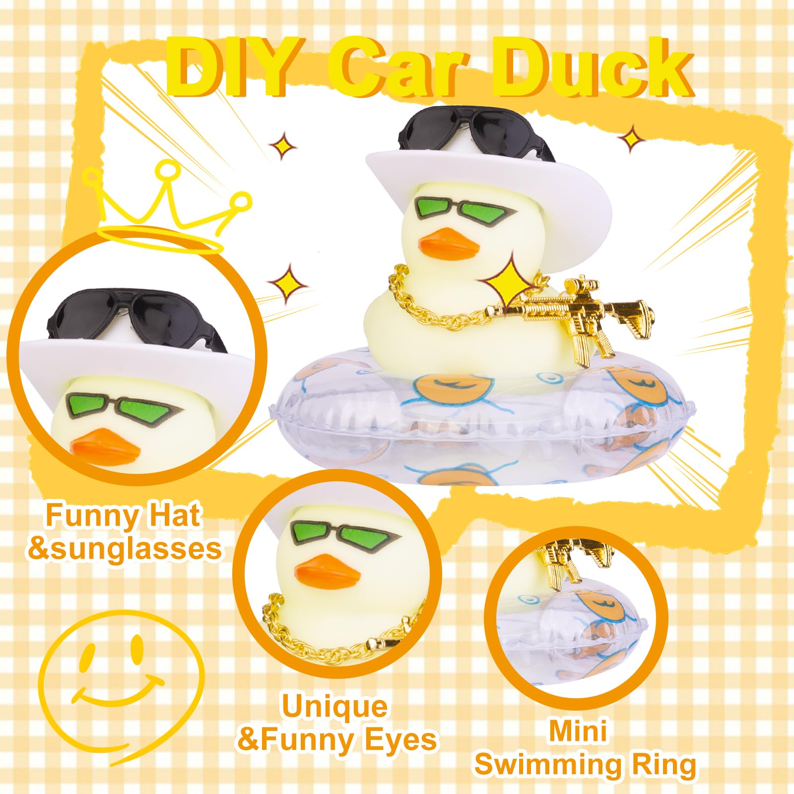 Vibrant Rubber Duck Car Dashboard Decorations - Expressive Mini Hat, Swim Ring, Necklace & Sunglasses - Fun Dashboard & Home Decor for Cars, Gifts, Parties & Office Spaces
