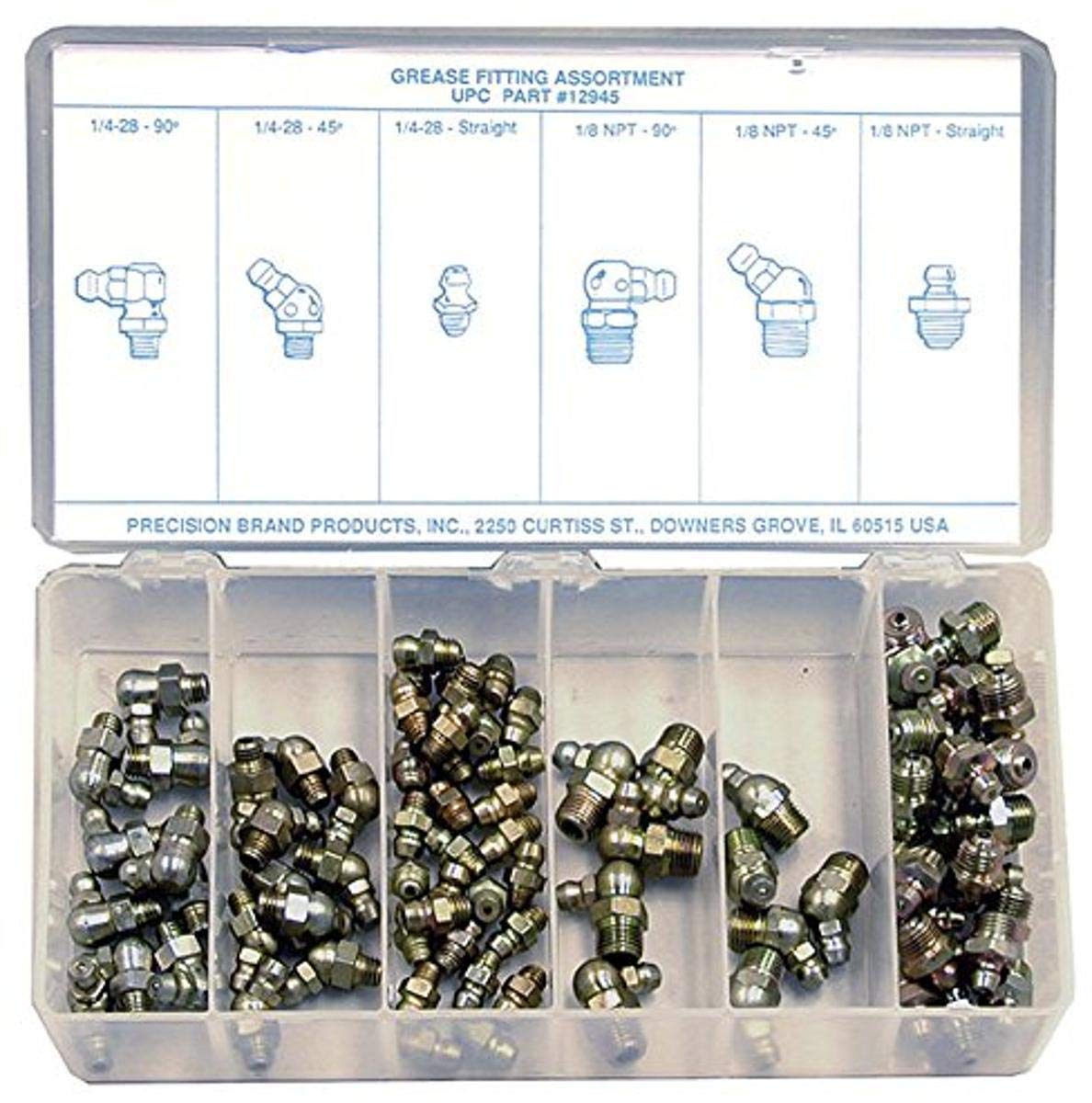 Precision Brand - 12945 90 Piece Grease Fitting Assortment Kit for Automotive, Machinery & Industrial Equipment Maintenance