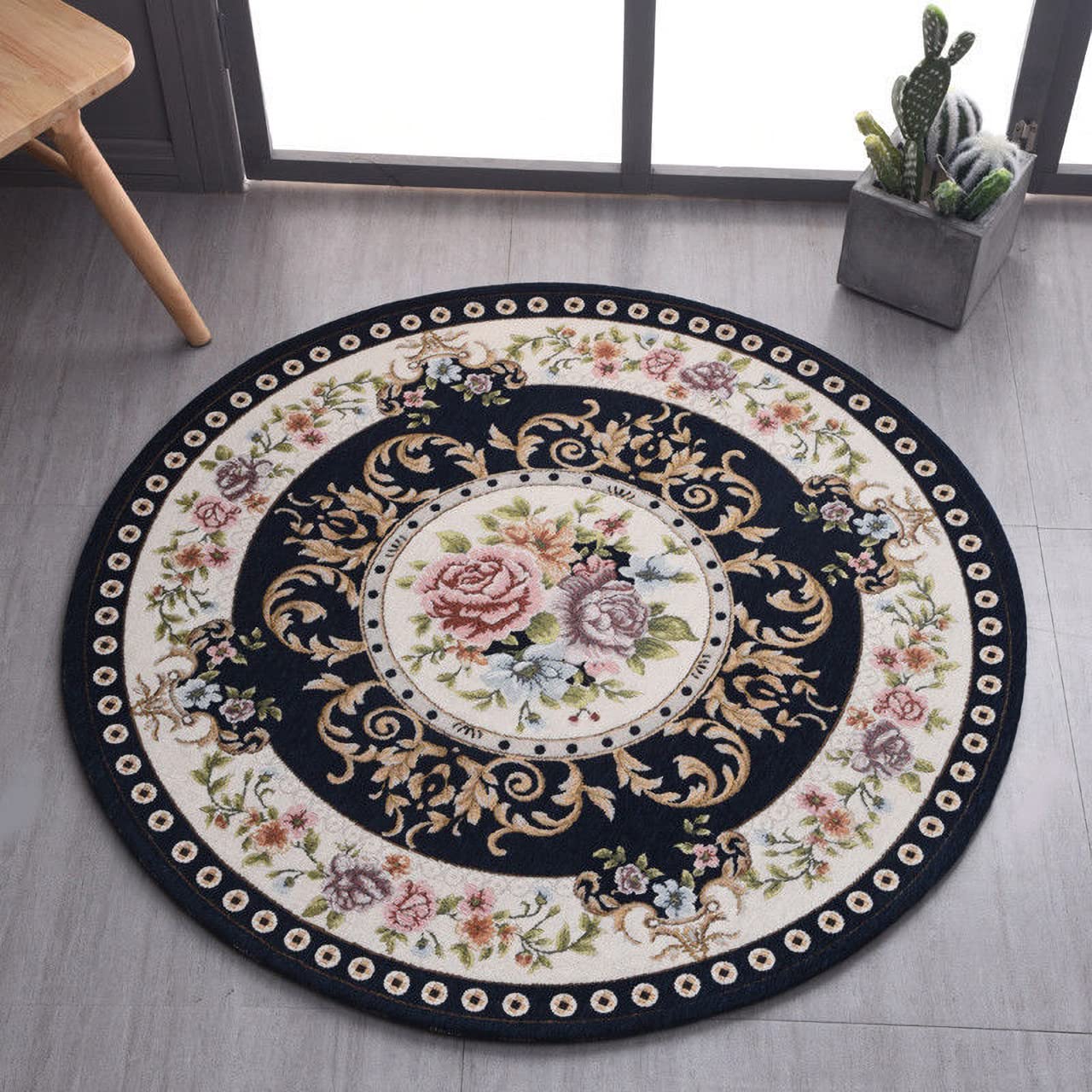3.3ft Floral Round Non-Slip Area Rug - Machine Washable Classic Design for Living Room, Kitchen & Bedroom - Sustainable Traditional Dark Blue Carpet - Perfect for Home Decor & High Traffic Areas