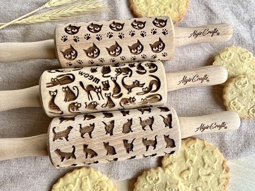 Algis Crafts Mini Wooden Rolling Pin Set - Laser Engraved Cat Design for Baking Cookies, Play Dough & Clay - Perfect for Cat Lovers & DIY Craft Projects
