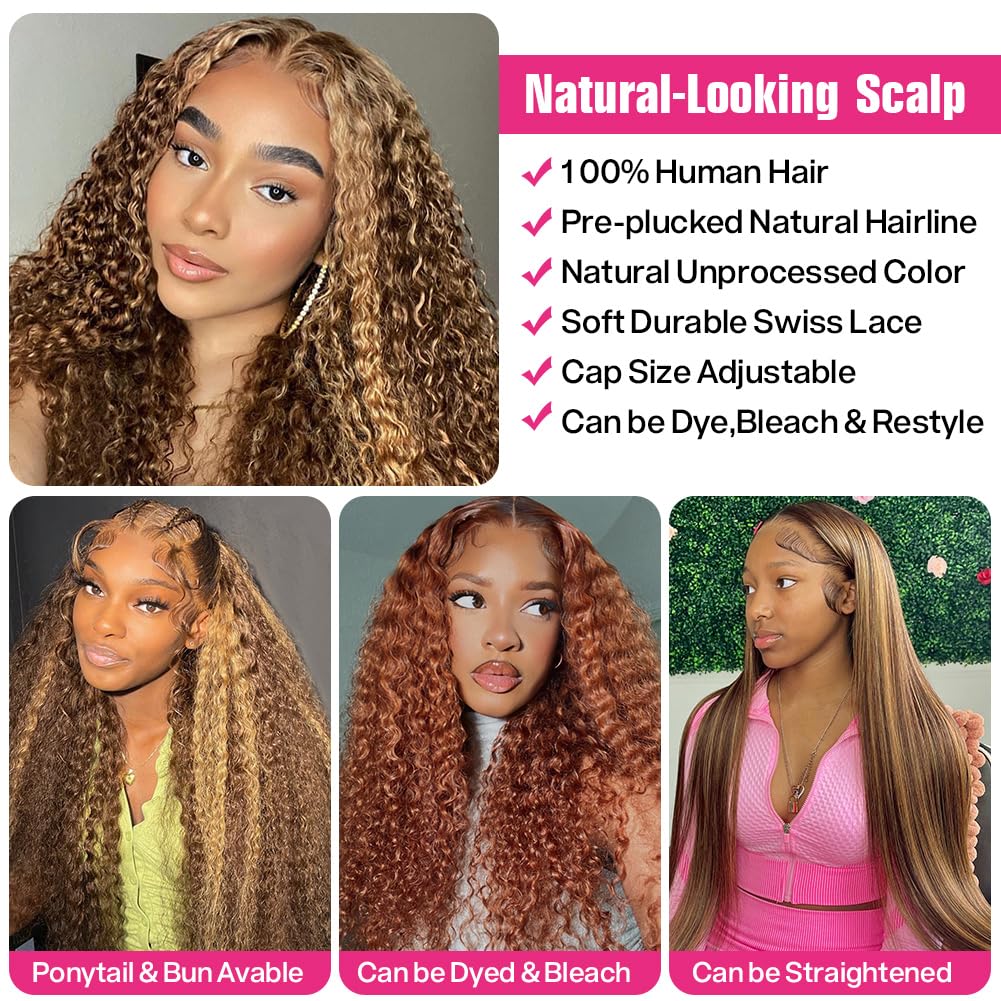 CYNOSURE Ombre Highlight Lace Front Wigs 180% Density Human Hair - Honey Blonde Curly 13x5 Lace Frontal Wig with Pre-Plucked Hairline (20 Inch) for Daily Wear, Parties & Special Occasions