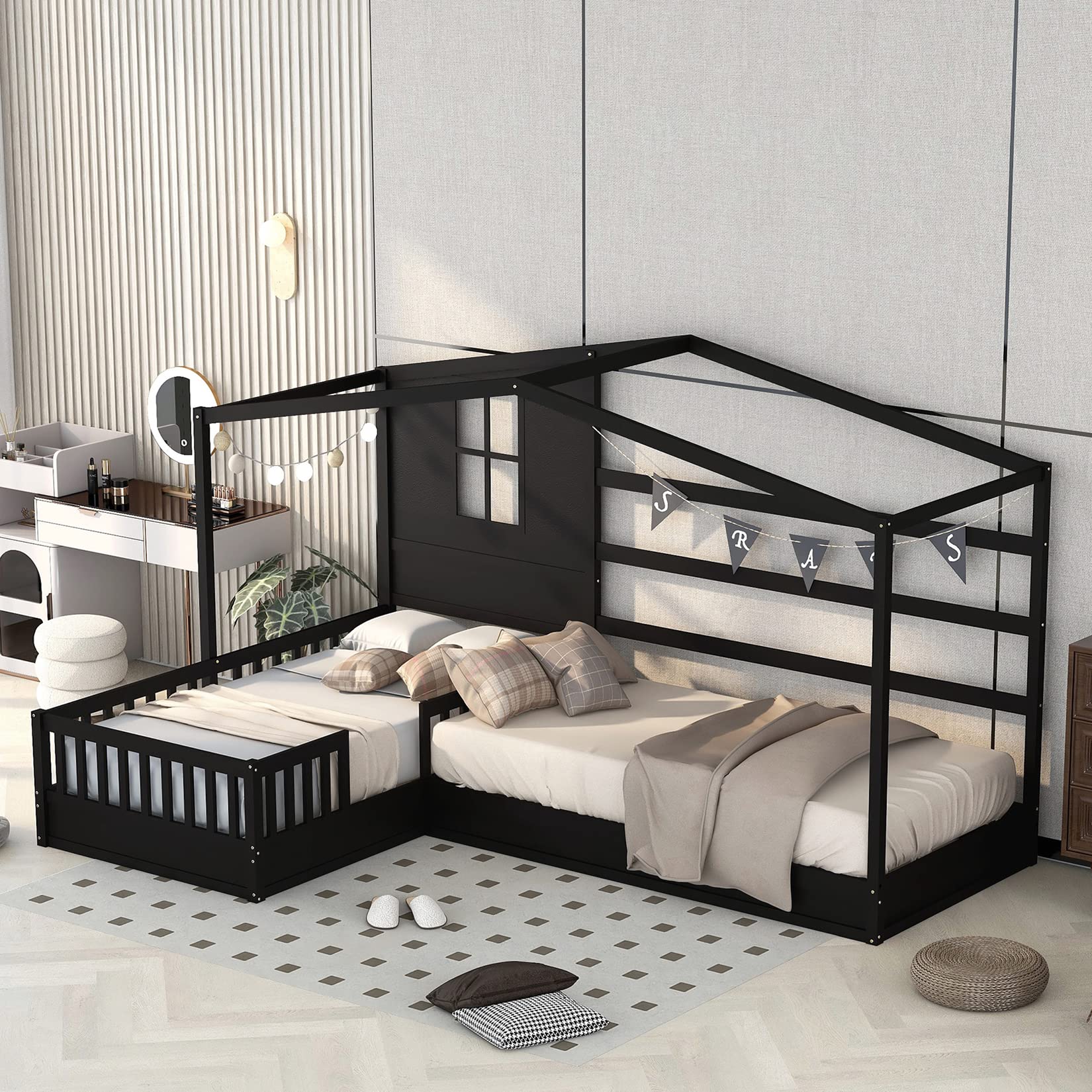 Bellemave L-Shaped Twin Bed Frame with Roof - Solid Wood Corner House Bed for Kids, Espresso Finish - Perfect for Small Spaces & Shared Kids' Rooms