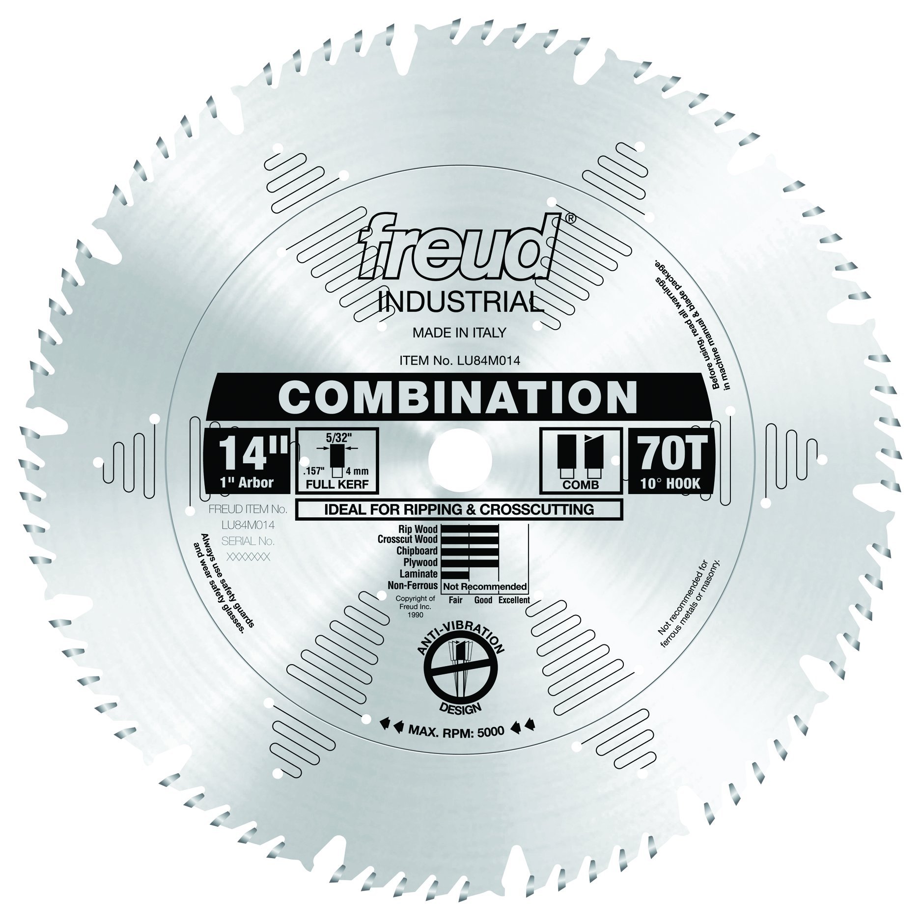 Freud LU84M014 14-Inch 70-Tooth Combination Saw Blade - Perfect for Woodworking, Crosscuts & Rip Cuts on Hardwood & Softwood Lumber