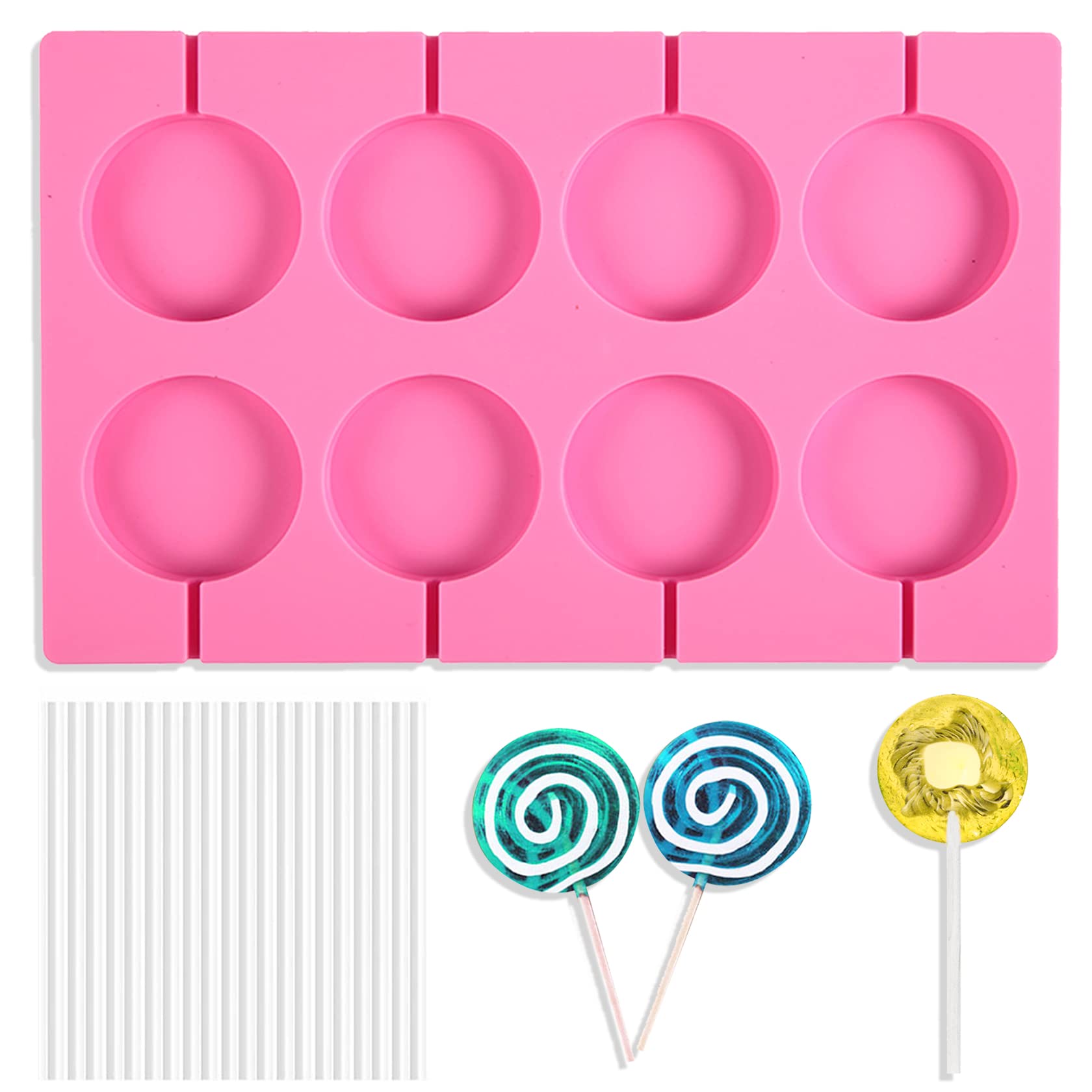 8-Cavity Round Silicone Lollipop Molds - Non-Stick Chocolate Candy Molds with 20 Sticks for Hard Candies, Chocolate, Bread & Jellies - Perfect for DIY Treats, Party Favors and Home Baking (Suction Cup Base Included)