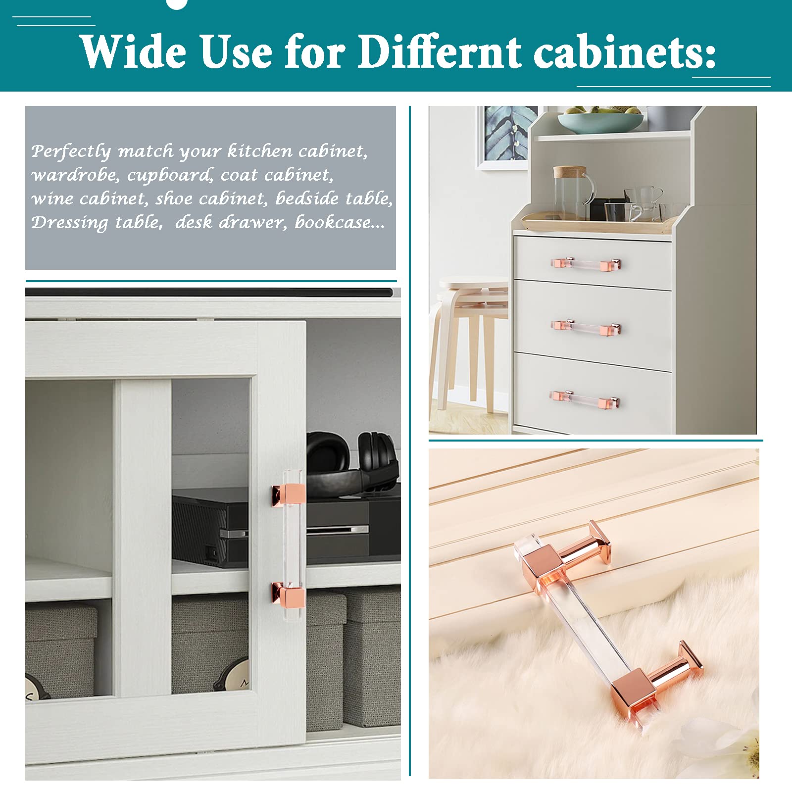 30 Pack Clear Acrylic Cabinet Handles with Rose Gold Finish - 3 Inch Hole Centers Modern Square Drawer Pulls for Kitchen & Bathroom Cabinets - Perfect for Home Renovation, Furniture Upgrade and Interior Decor