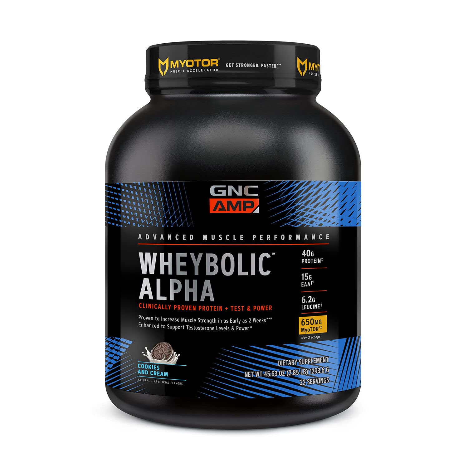 GNC AMP Wheybolic Alpha with MyoTOR Protein Powder - 40g Protein per Serving, BCAA for Muscle Growth & Workout Recovery, Supports Testosterone Levels - Cookies & Cream Flavor (22 Servings) | Ideal for Post-Workout Shakes, Meal Replacement & Fitness Enthusiasts