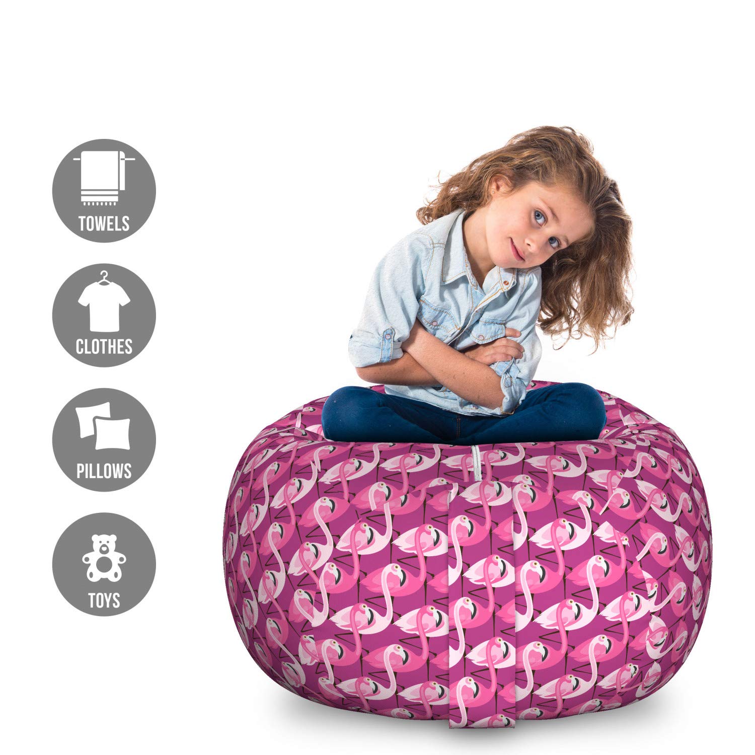 Ambesonne Flamingo Pattern Stuffed Animal Storage Bag Chair - Large Washable Toy Organizer with Exotic Tropical Design, Pink Rose - Perfect for Kids' Room, Playroom, and Nursery Organization