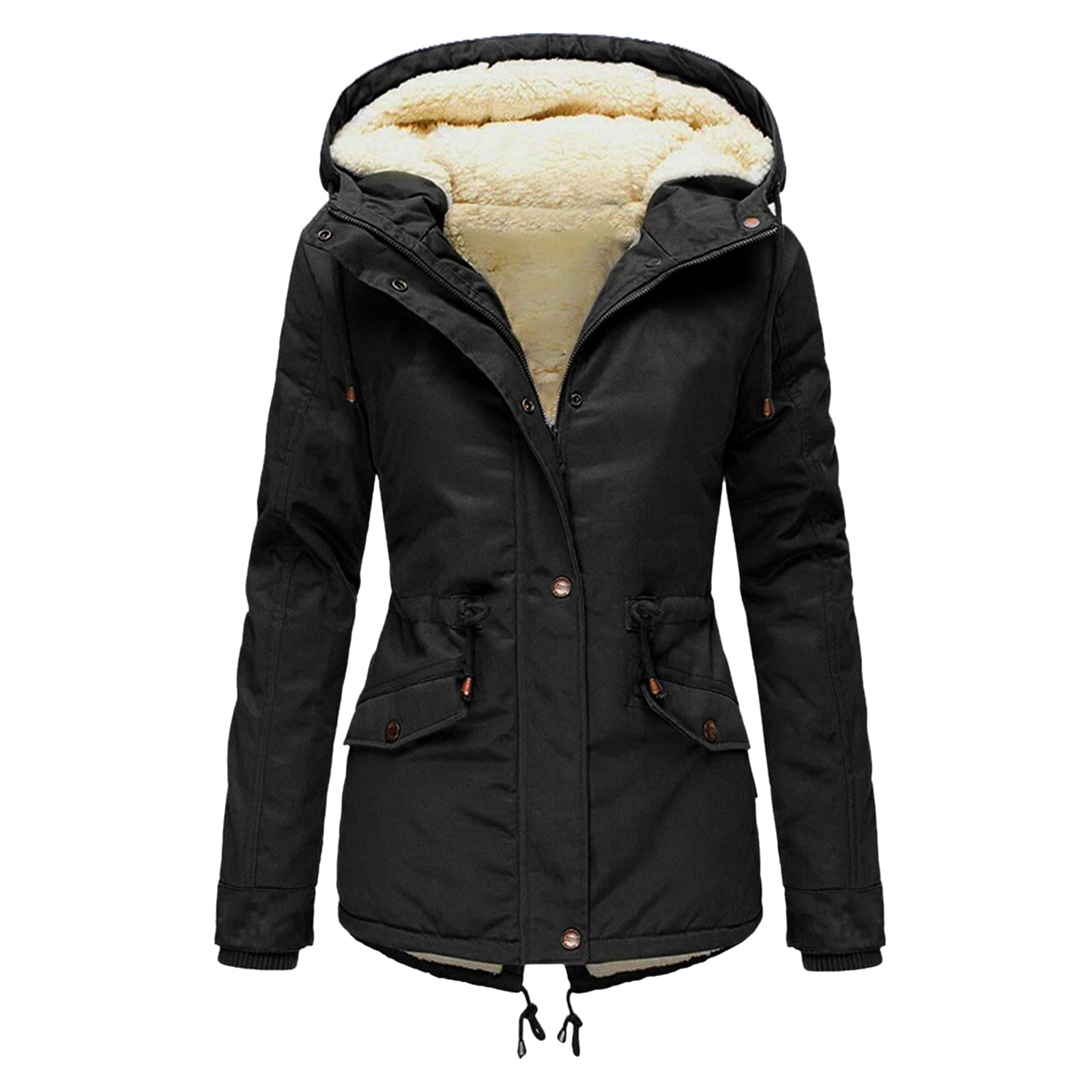 Women's Fashion Winter Hooded Jacket - Faux Fur Lined Fleece Coat with Drawstring & Zipper, Slim Fit Warm Padded Outerwear for Casual Wear, Outdoor Activities