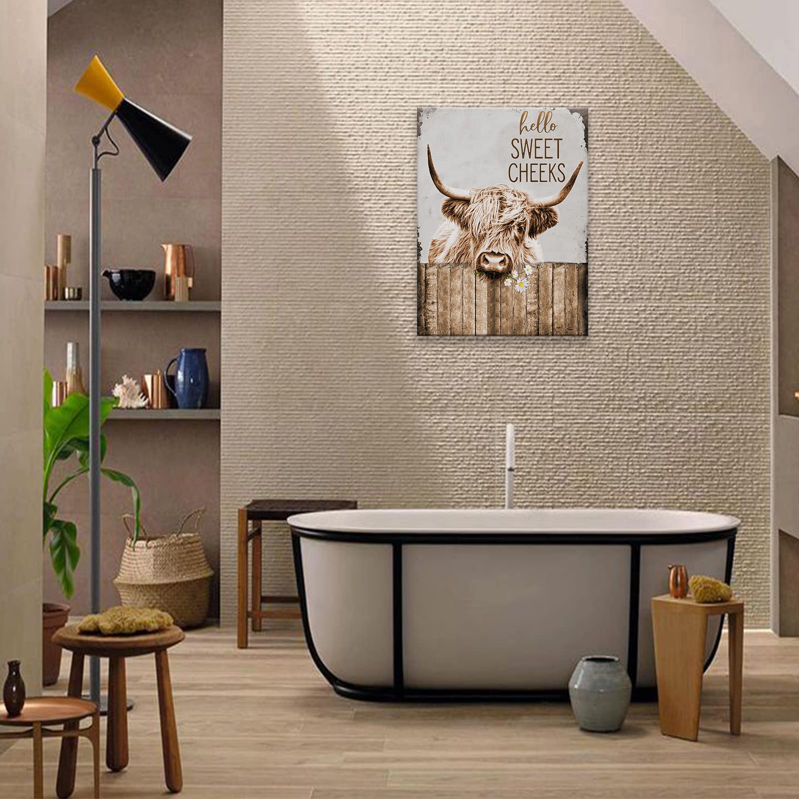 Funny Highland Cow Wall Art - Rustic Farmhouse Bathroom Decor, Country Cattle Painting Canvas Print (12x16 Inch Framed) for Office, Bedroom, Kitchen & Dining Room - Perfect for Farmhouse & Country Style Home Decor