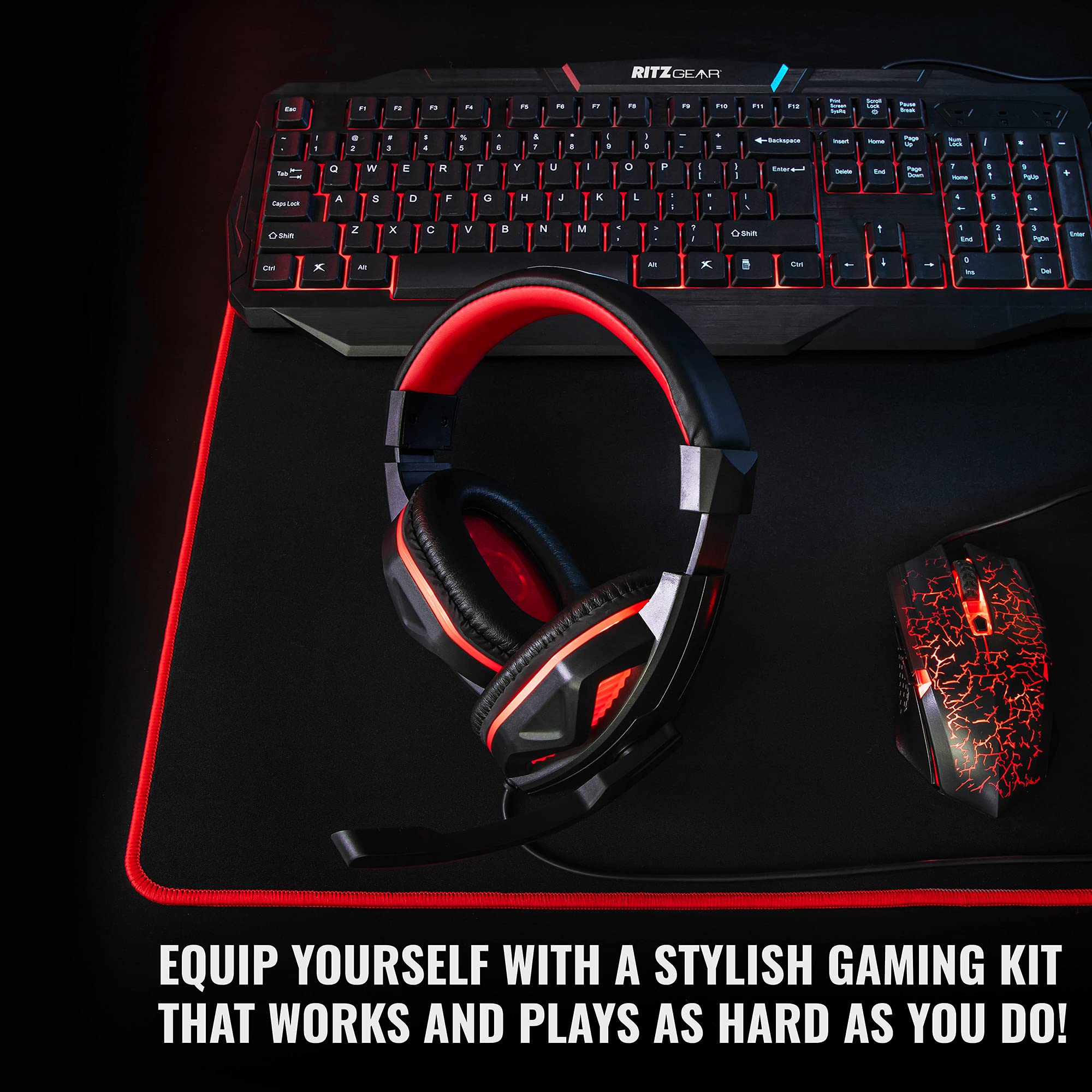 Ritz Gear 4-in-1 Gaming Accessories Kit (Red) - LED Backlit Keyboard, Optical Mouse, Mouse Pad & Headset with Adapter for PC, Laptop, Xbox & PS4 - Perfect for Gaming, Streaming & Office Work