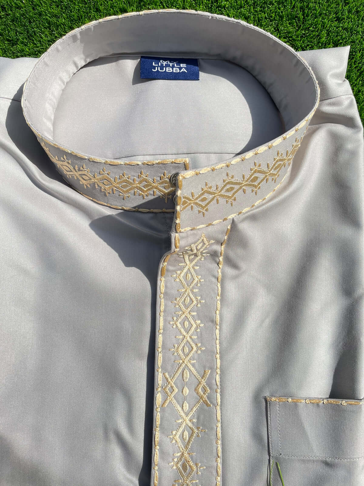 Premium Men's Light Grey Saudi Thobe with Gold Embroidery - Traditional Arabic Robe for Eid, Wedding & Special Occasions