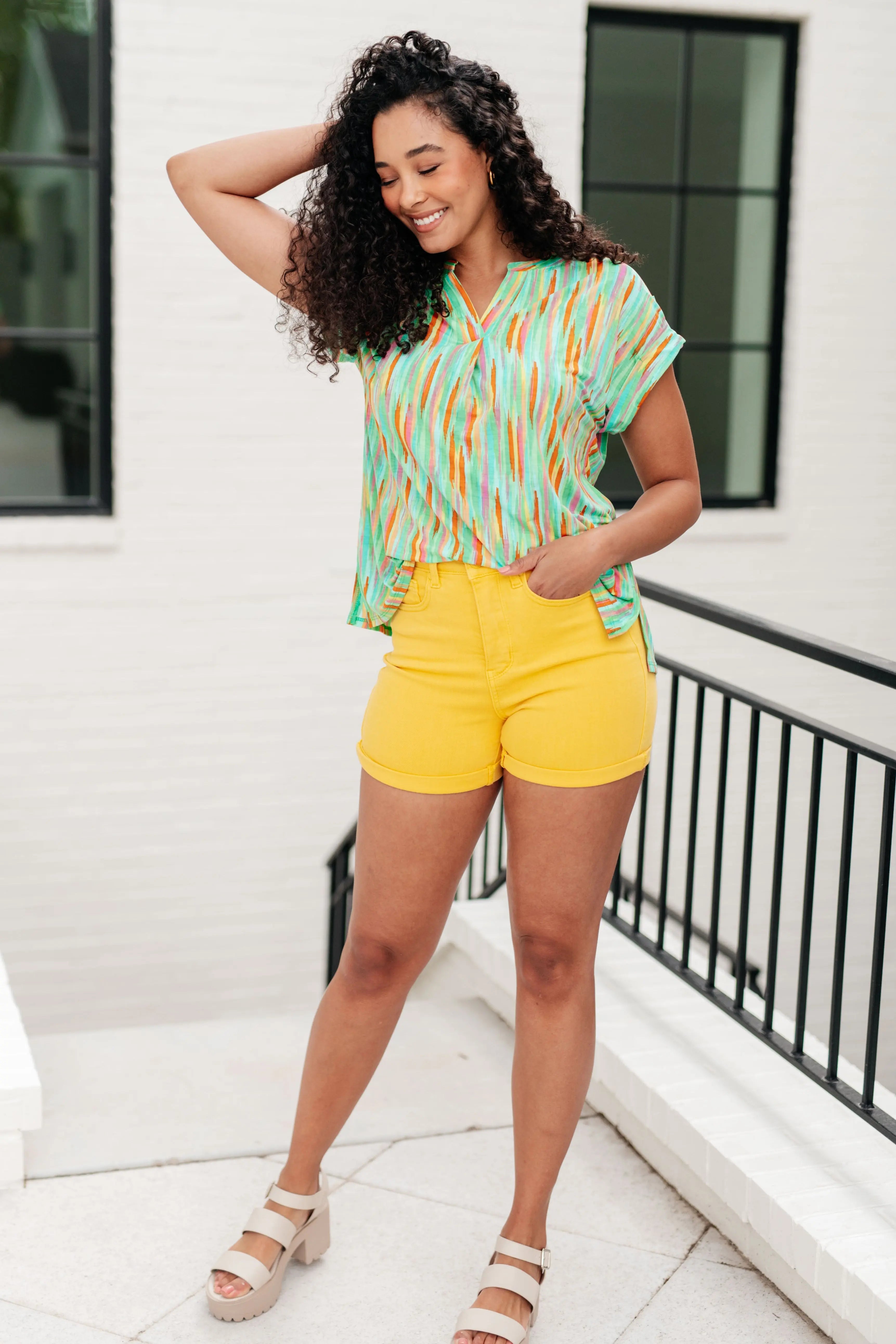 Lizzy Cap Sleeve Top - Lime & Emerald Striped Women's Blouse | Perfect for Summer Outfits, Casual Wear & Office Attire