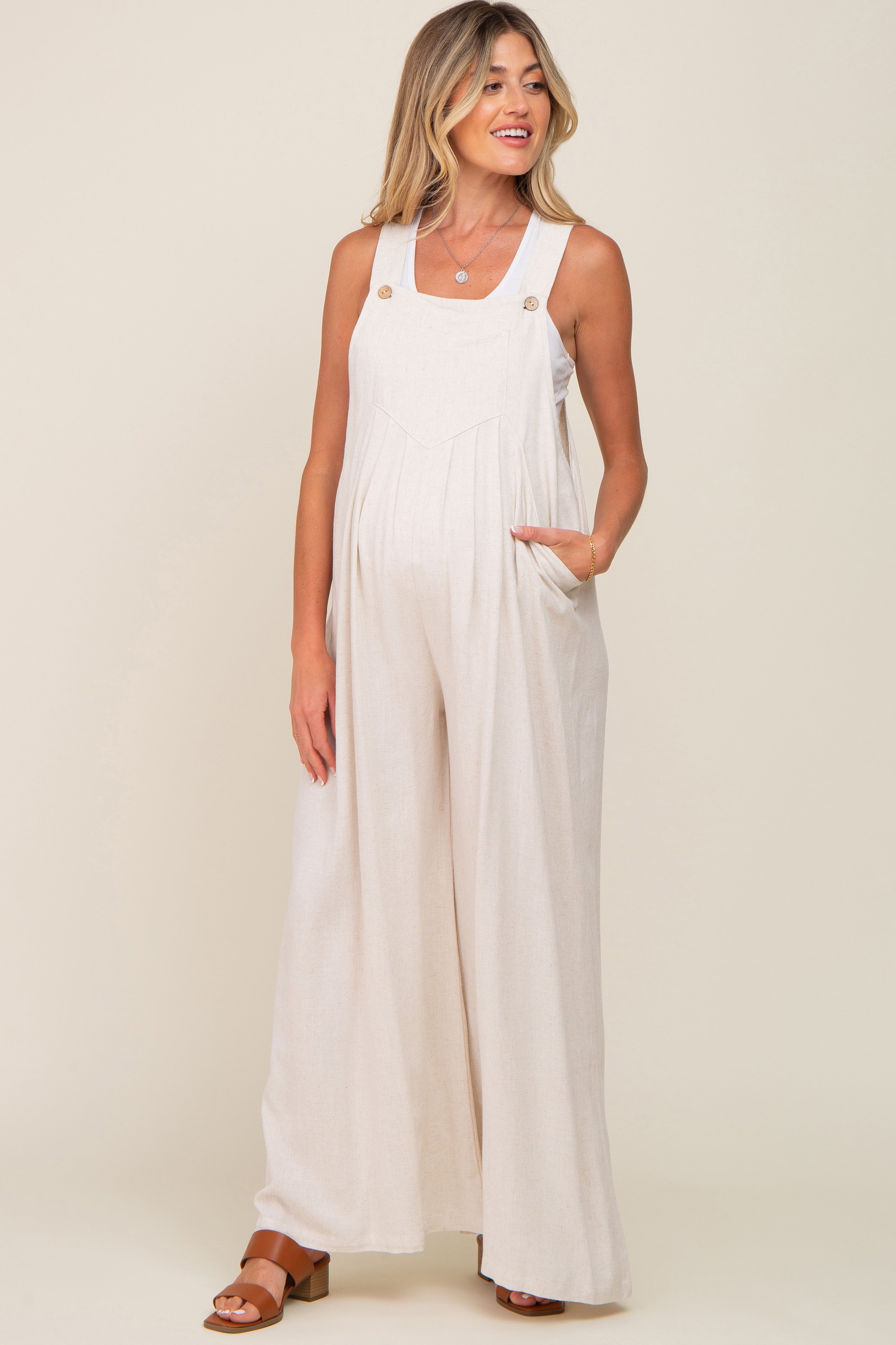 Beige Sleeveless Wide Leg Maternity Jumpsuit - Comfortable Pregnancy Romper for Summer, Nursing & Maternity Wear - Perfect for Casual Outings, Baby Showers & Photoshoots