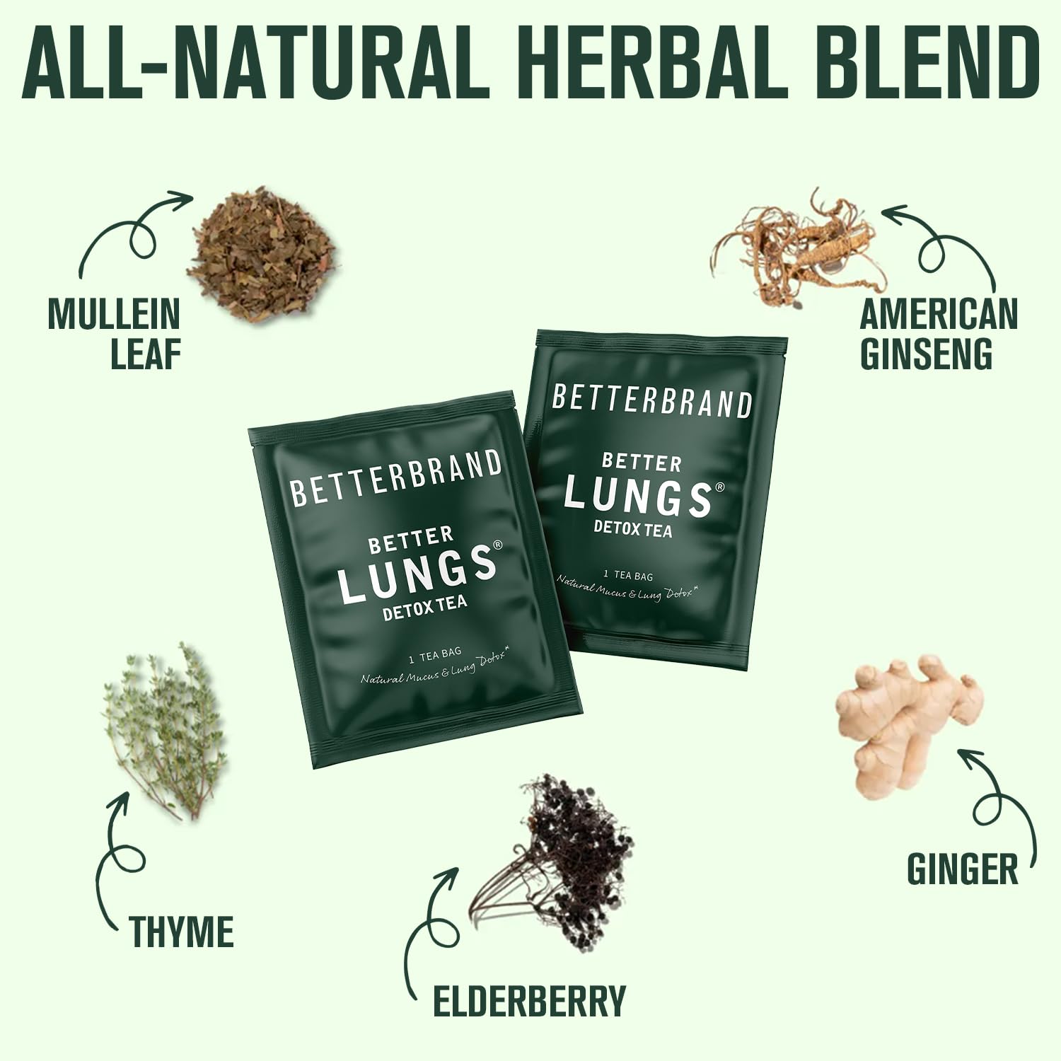 Betterbrand BetterLungs Detox Tea - Organic Herbal Tea for Respiratory Support & Lung Cleansing | Mullein Leaf Blend for Healthy Breathing & Wellness | Caffeine-Free, Non-GMO | 15 Tea Bags | Perfect for Allergy Season, Smokers & Urban Living